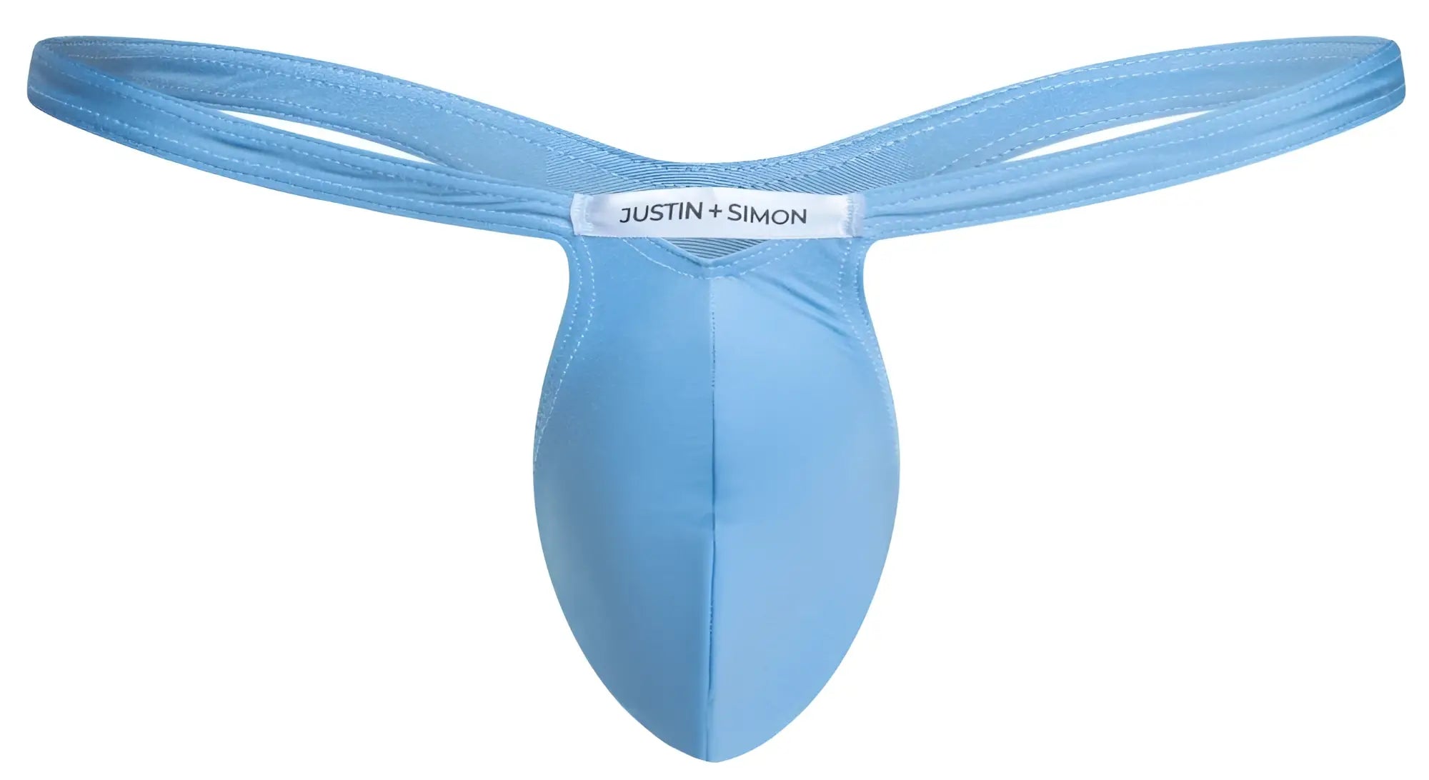 Light blue justin simon men’s thong made of smooth stretchy fabric with sleek minimalist design in baby blue color