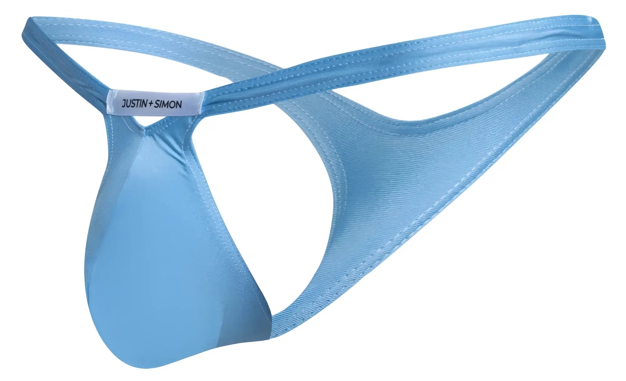 Light blue satin thong with subtle sheen and stitched detailing featuring justin simon brand label on strap