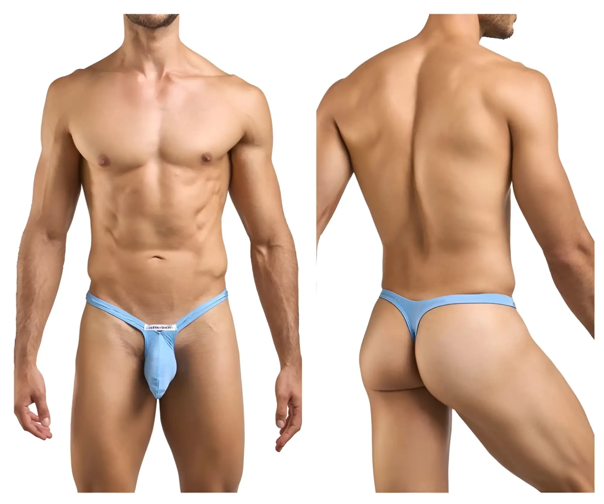 Justin Simon baby blue form-fitting thong with central pouch and narrow waistband in light blue fabric