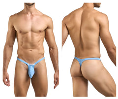 Justin Simon baby blue form-fitting thong with central pouch and narrow waistband in light blue fabric