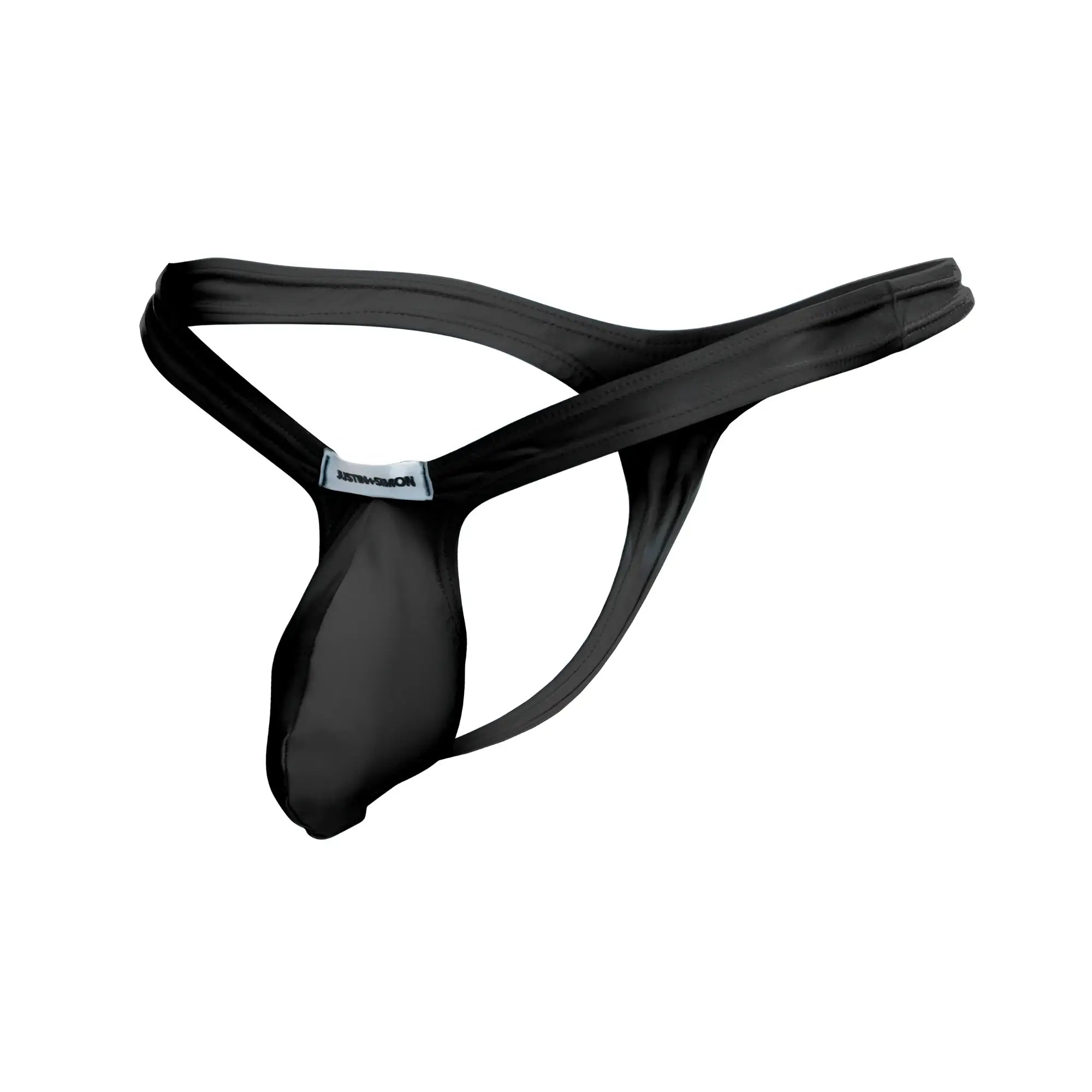 Black men’s thong justin simon xsjbu02 in smooth stretchy fabric with minimalist design and brand tag on back side