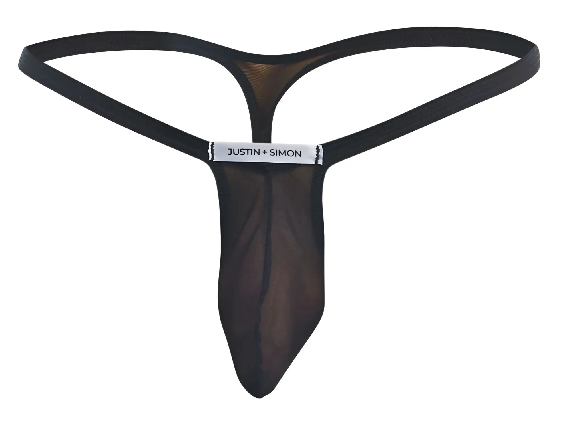 Black sheer mesh bulge thong with solid waistband and justin simon branding in black from justin simon xsjbu02