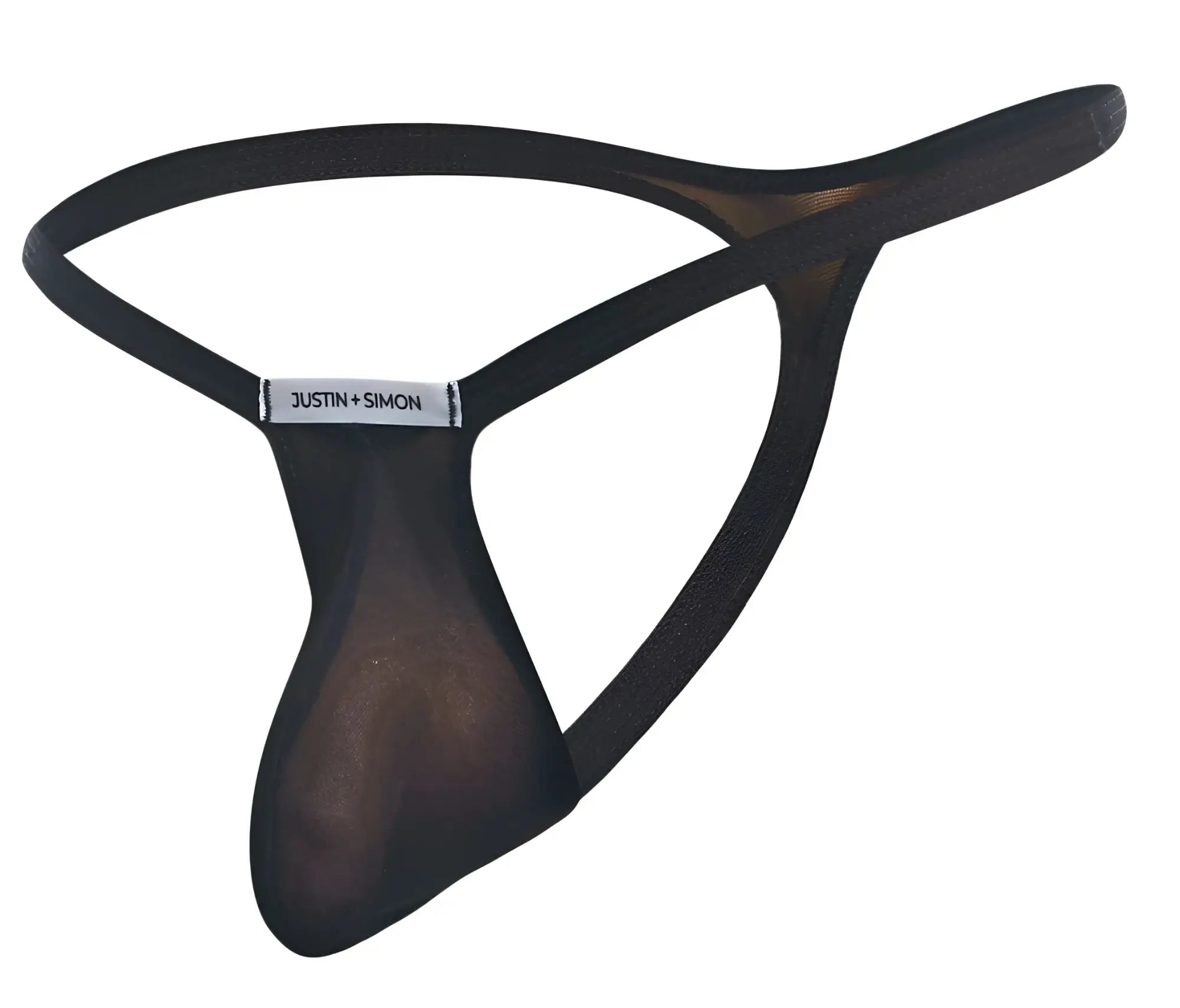 Black sheer mesh thong with solid black elastic band and justin simon brand label in black mesh xsjbu02 bulge thong