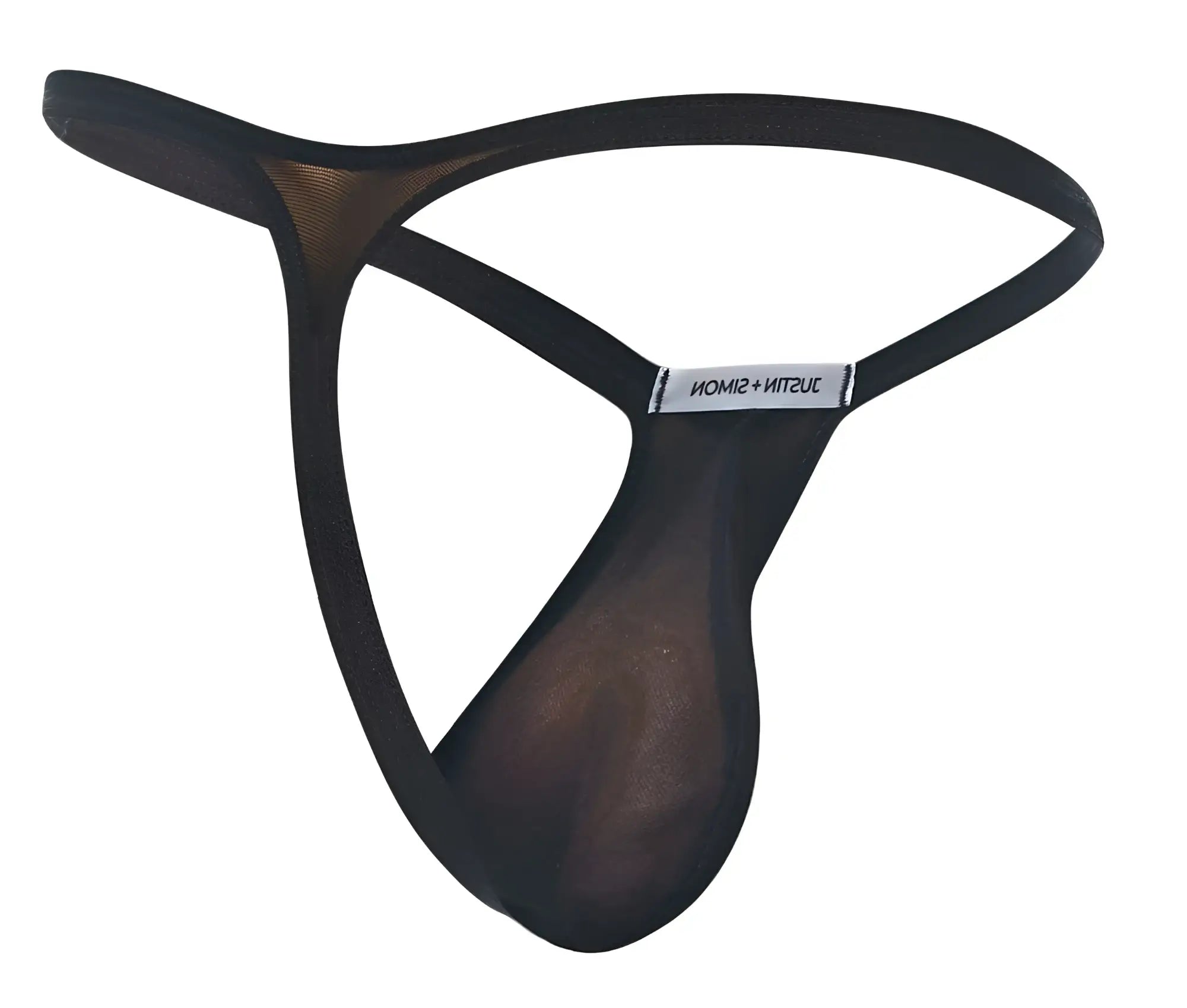 Black mesh bulge thong with sleek minimalist design and juztin + simon branded waistband label front view