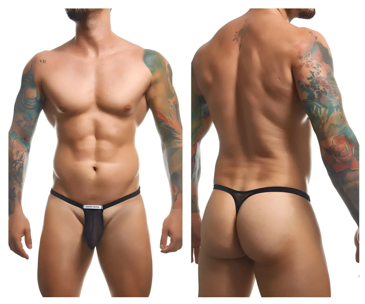 Justin simon xsjbu02 bulge thong in black mesh with solid black waistband and small white label at the front