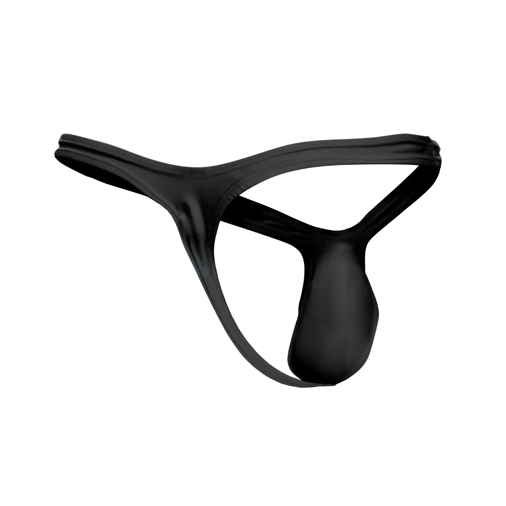 Black satin thong justin simon xsjbu02 with smooth glossy finish and minimalistic design front view