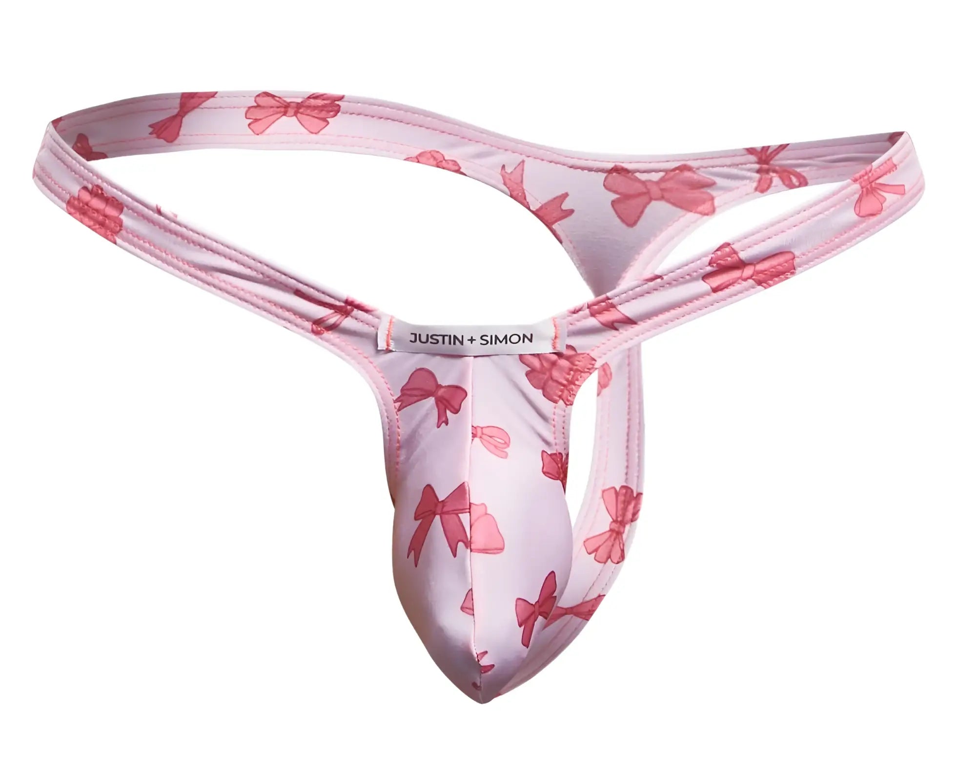 Justin plus simon xsjbu02 bulge thong with pink bow pattern in coquette color showing front side details