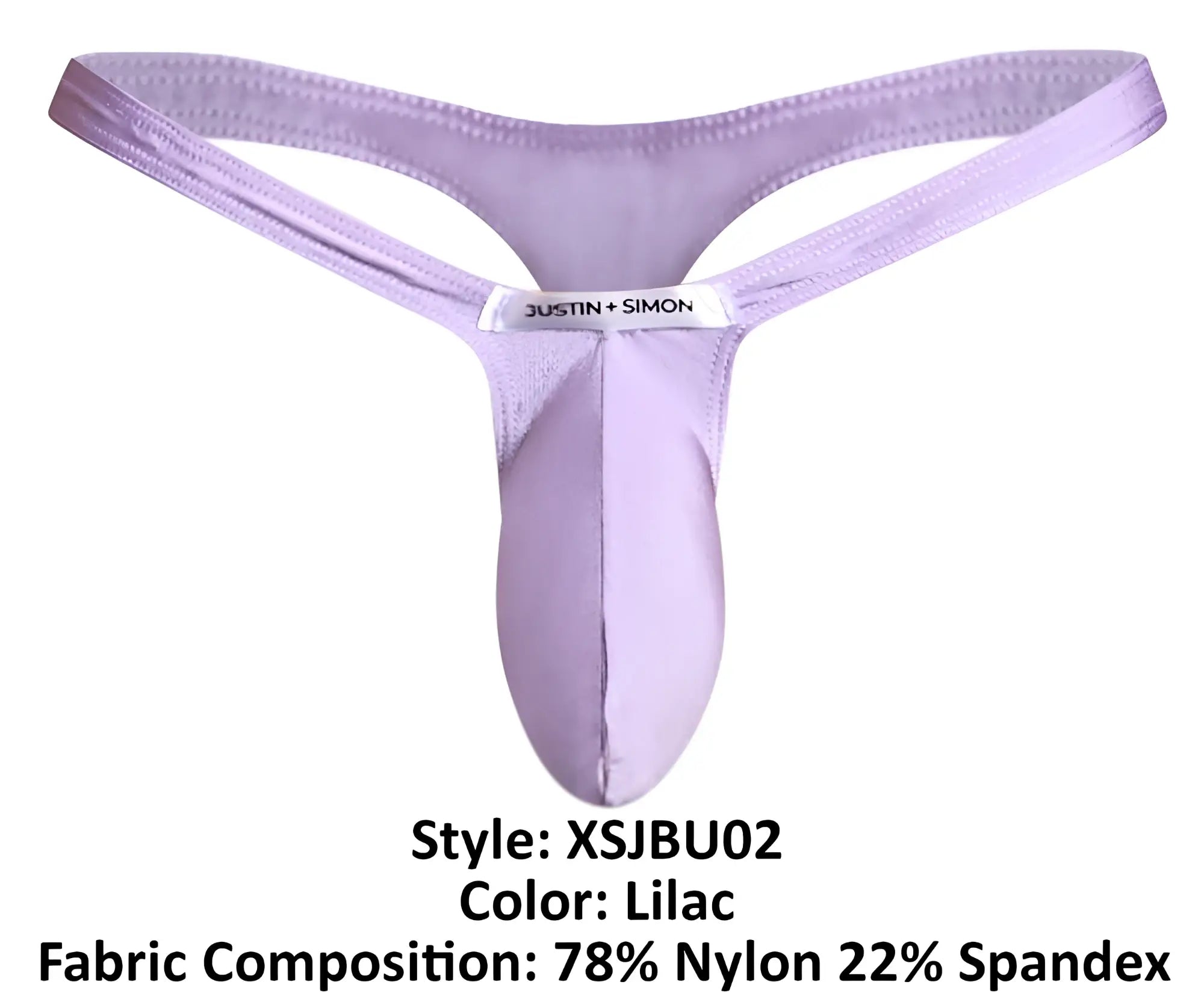 Lilac justin + simon bulge thong made of 78% nylon and 22% spandex showing front view