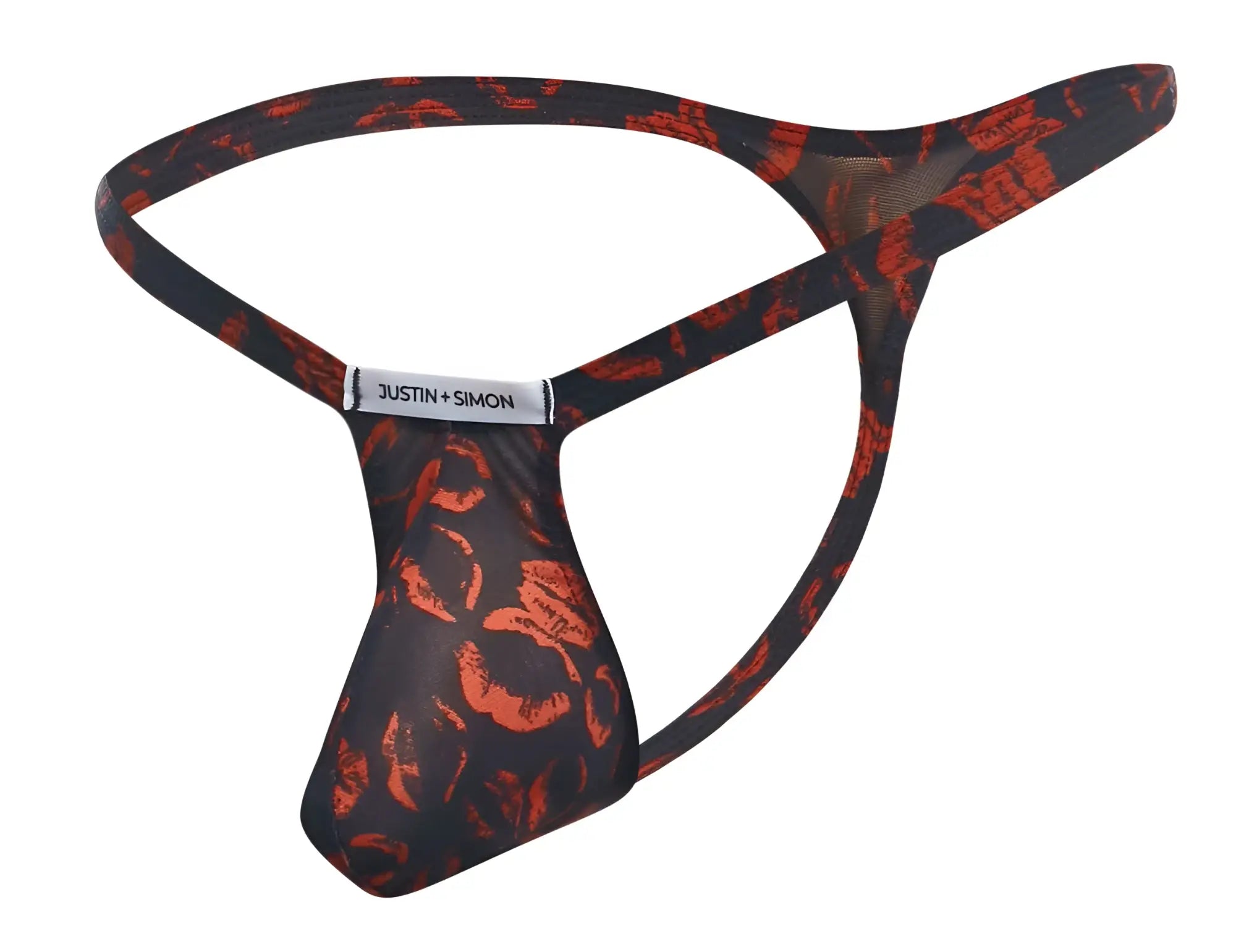 Black and orange patterned justin simon bulge thong with bold graphic design in lips color showing front side