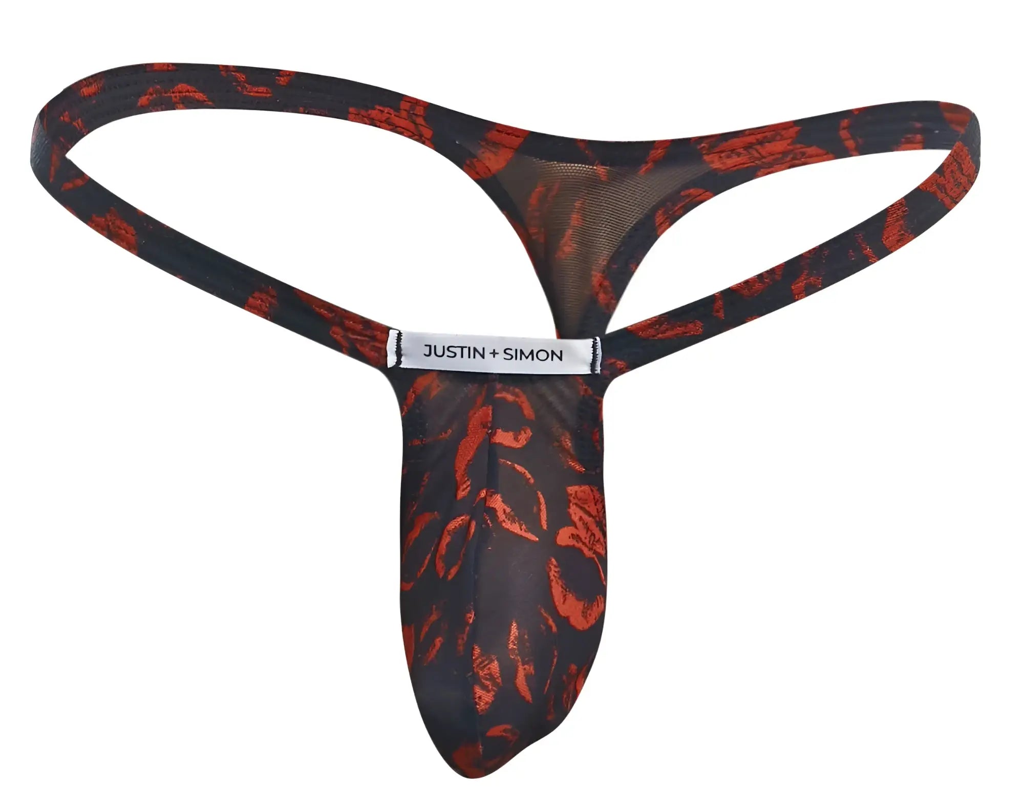 Black and red patterned justin simon bulge thong with sheer mesh design in lips color showing front side