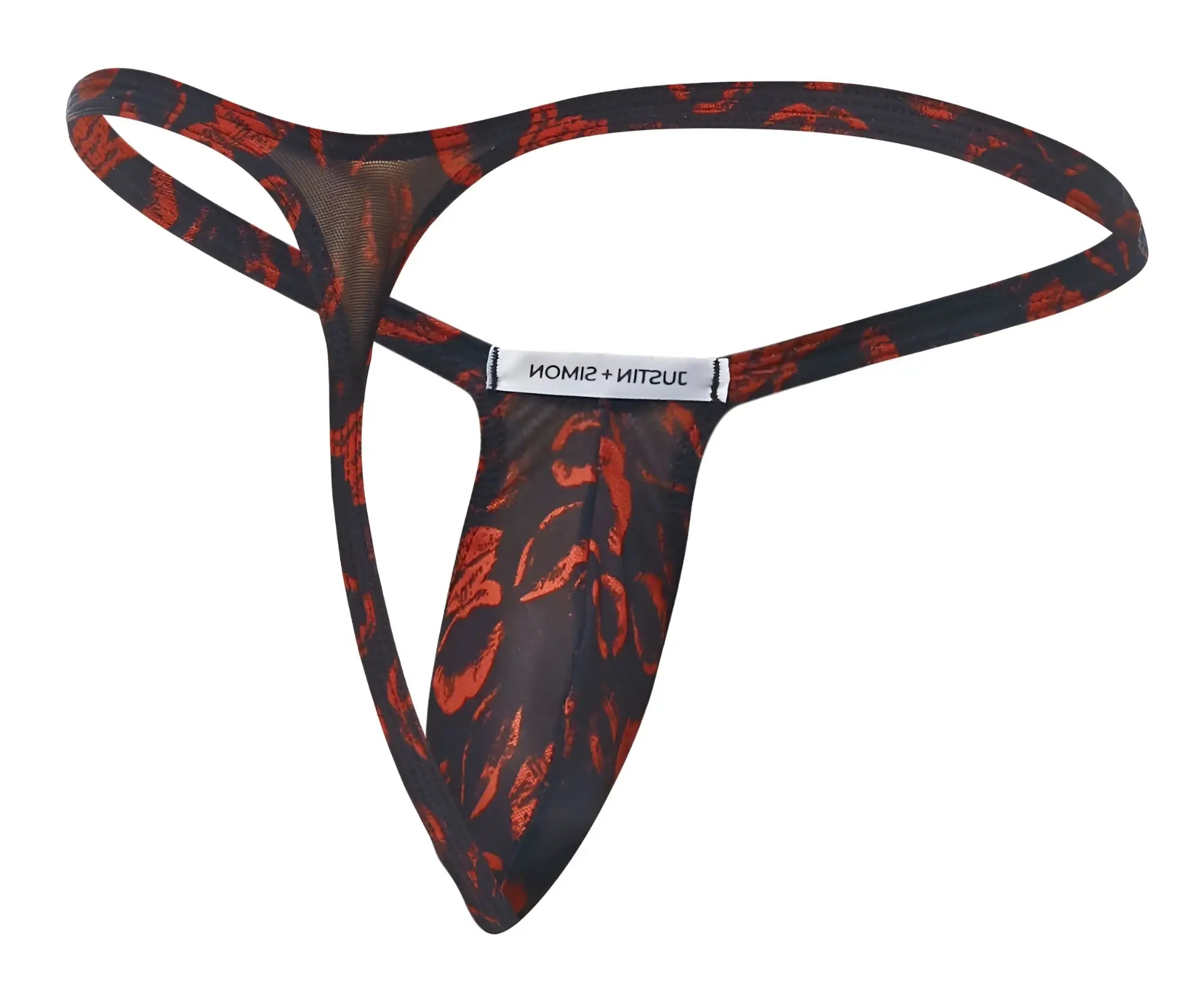 Justin Simon XSJBU02 bulge thong in black and red patterned mesh with branded label in color lips design