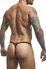 Justin plus Simon XSJBU02 bulge thong in black and red patterned fabric with a thin snug fit and color lips design