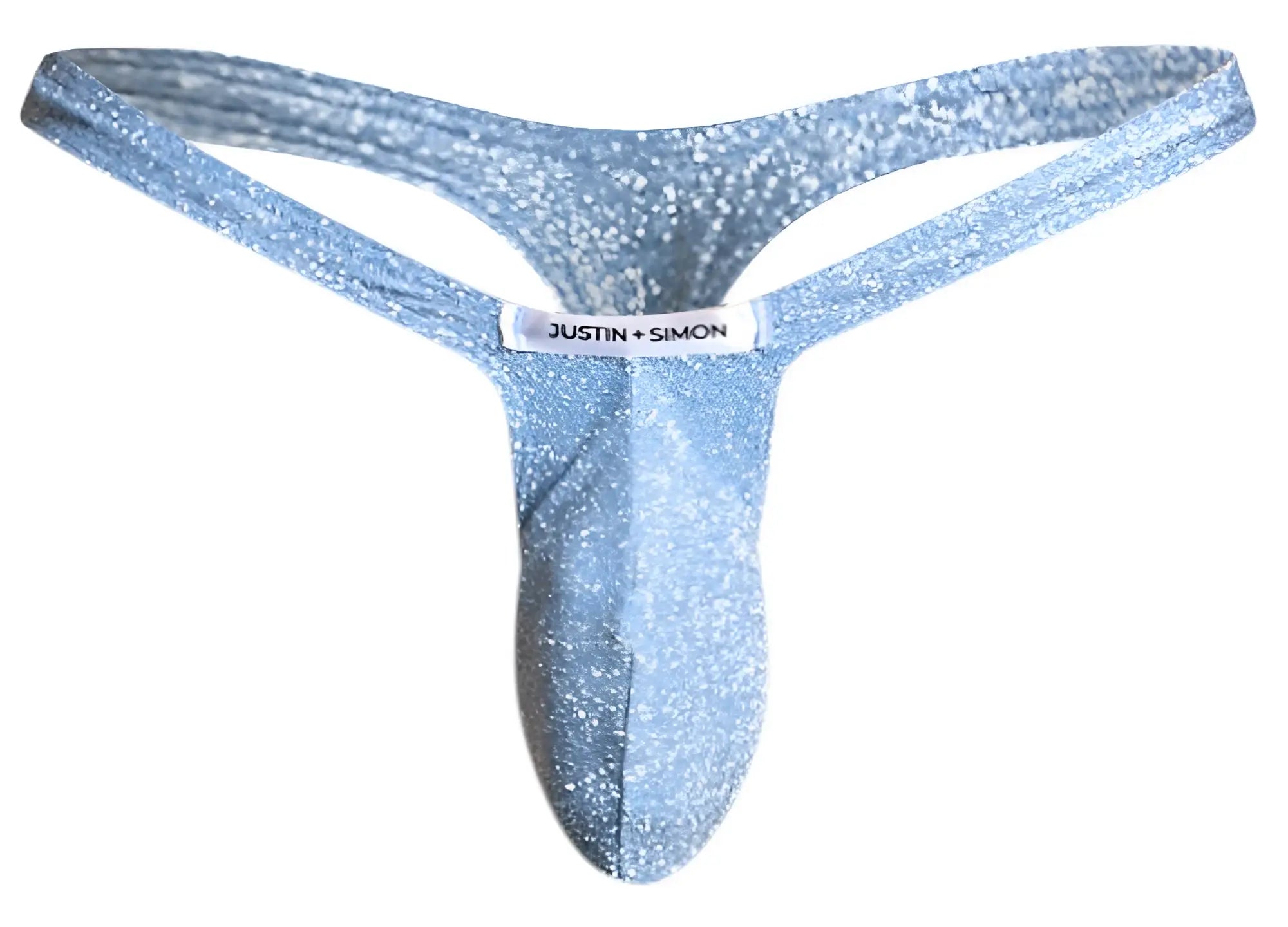 A shimmering light blue glittery lurex bulge thong from justin simon designed for xsjbu02 model