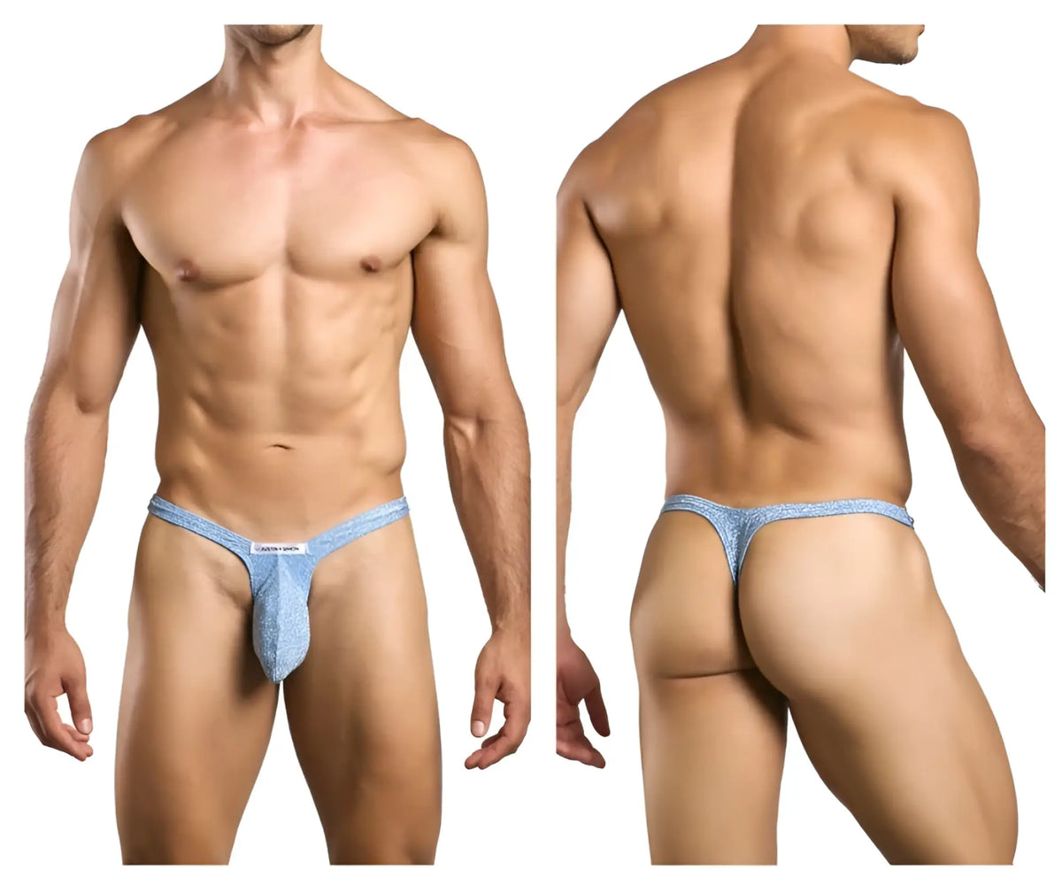 Justin+Simon xsjbu02 bulge thong in light blue textured lurex fabric with subtle pattern and small front brand tag