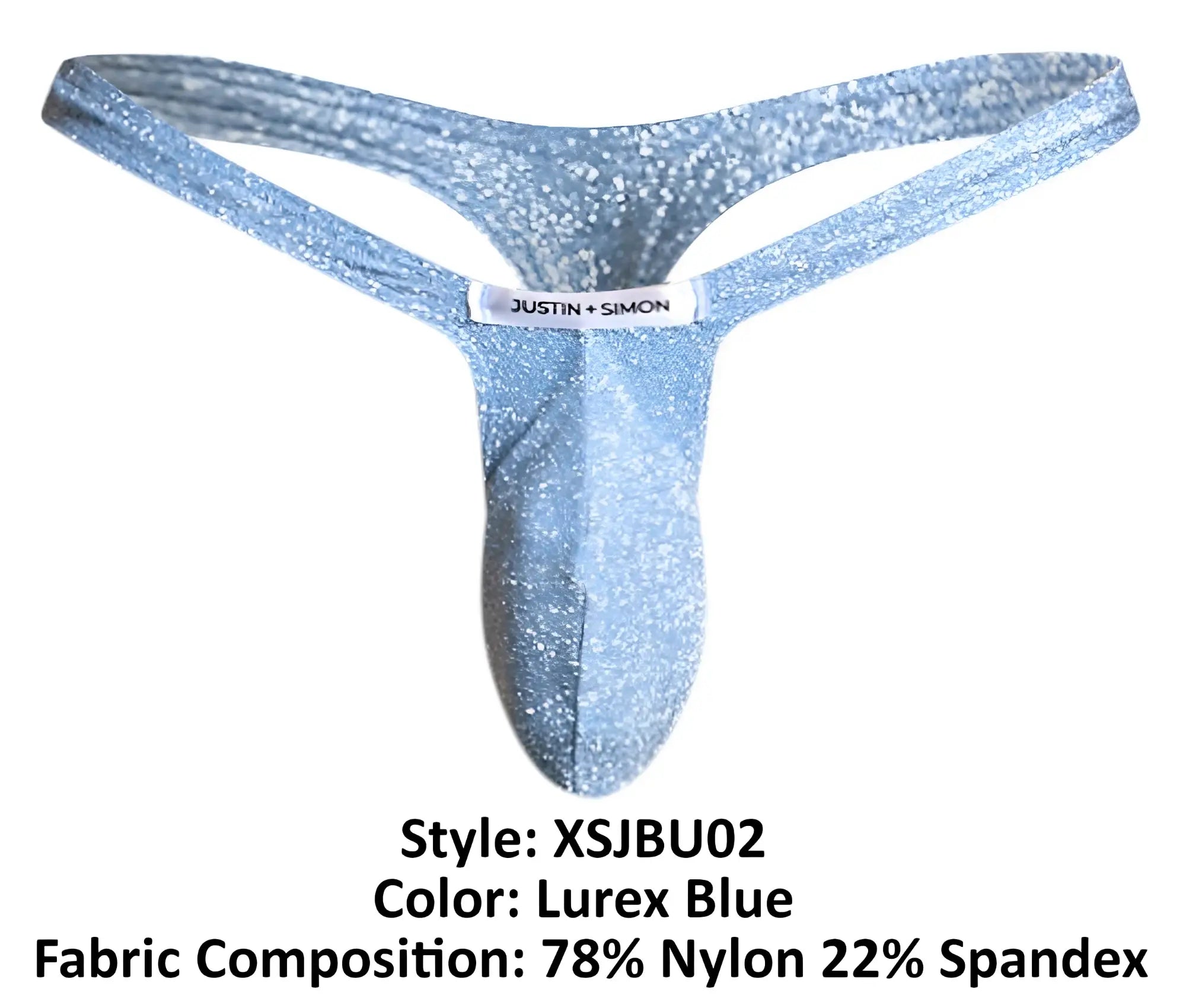 A shimmering lurex blue thong from Justin + Simon made with stretchy nylon and spandex for a glittering fit