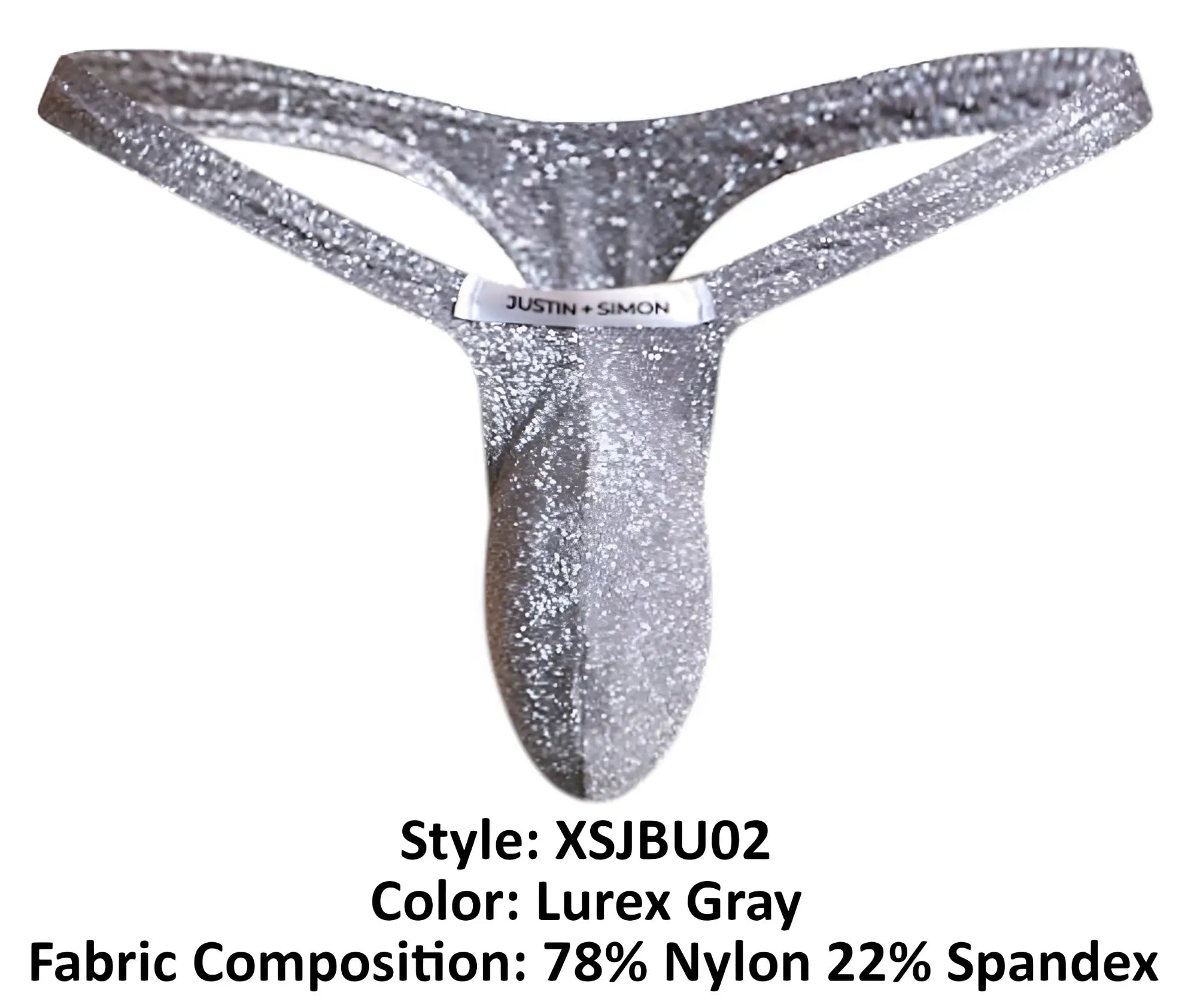 Shiny silver glittery lurex gray thong with justin plus simon label on waistband from justin plus simon xsjbu02 bulge thongs