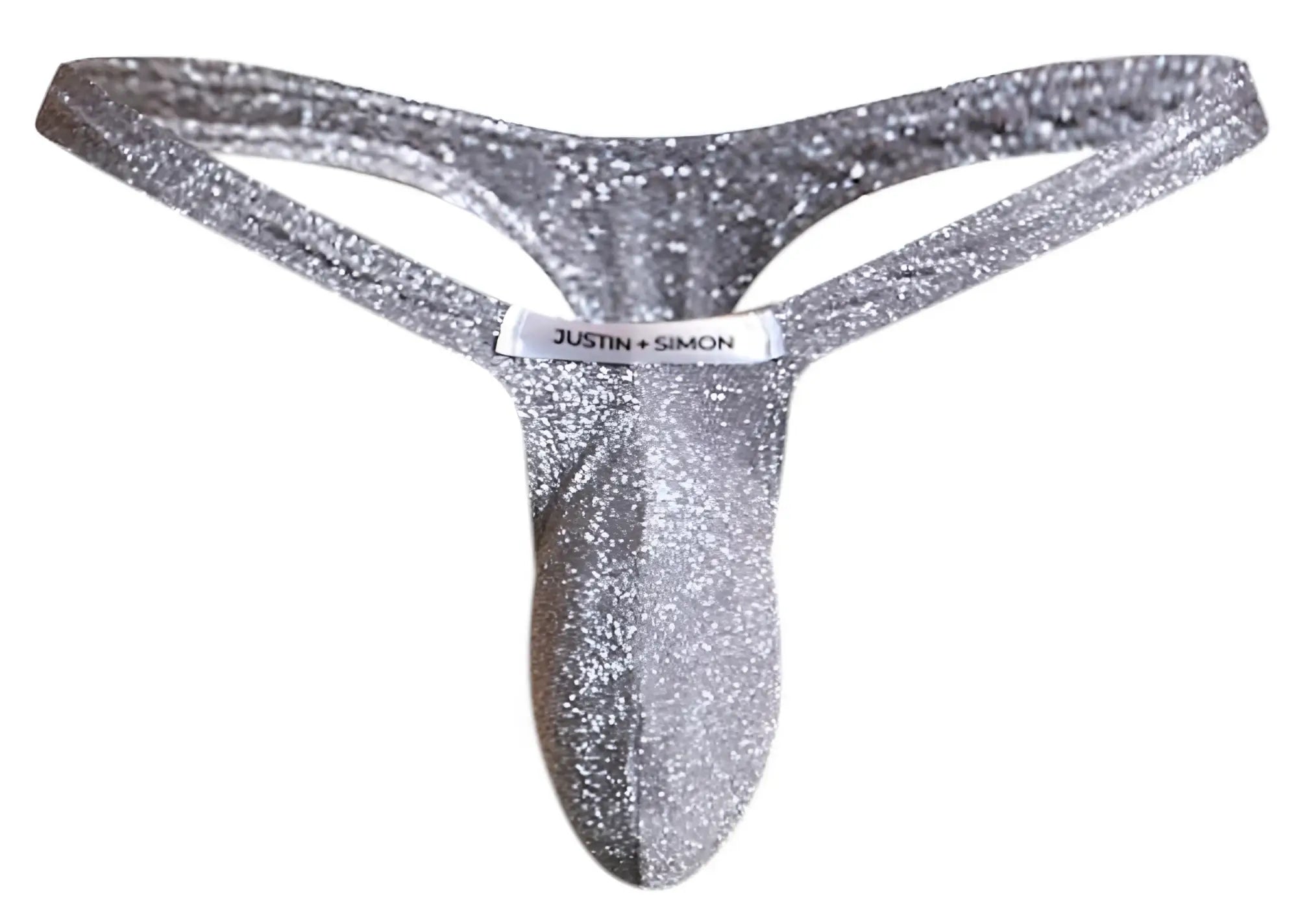 Silver glittery lurex gray bulge thong with justin simon brand label from justin simon xsjbu02 collection