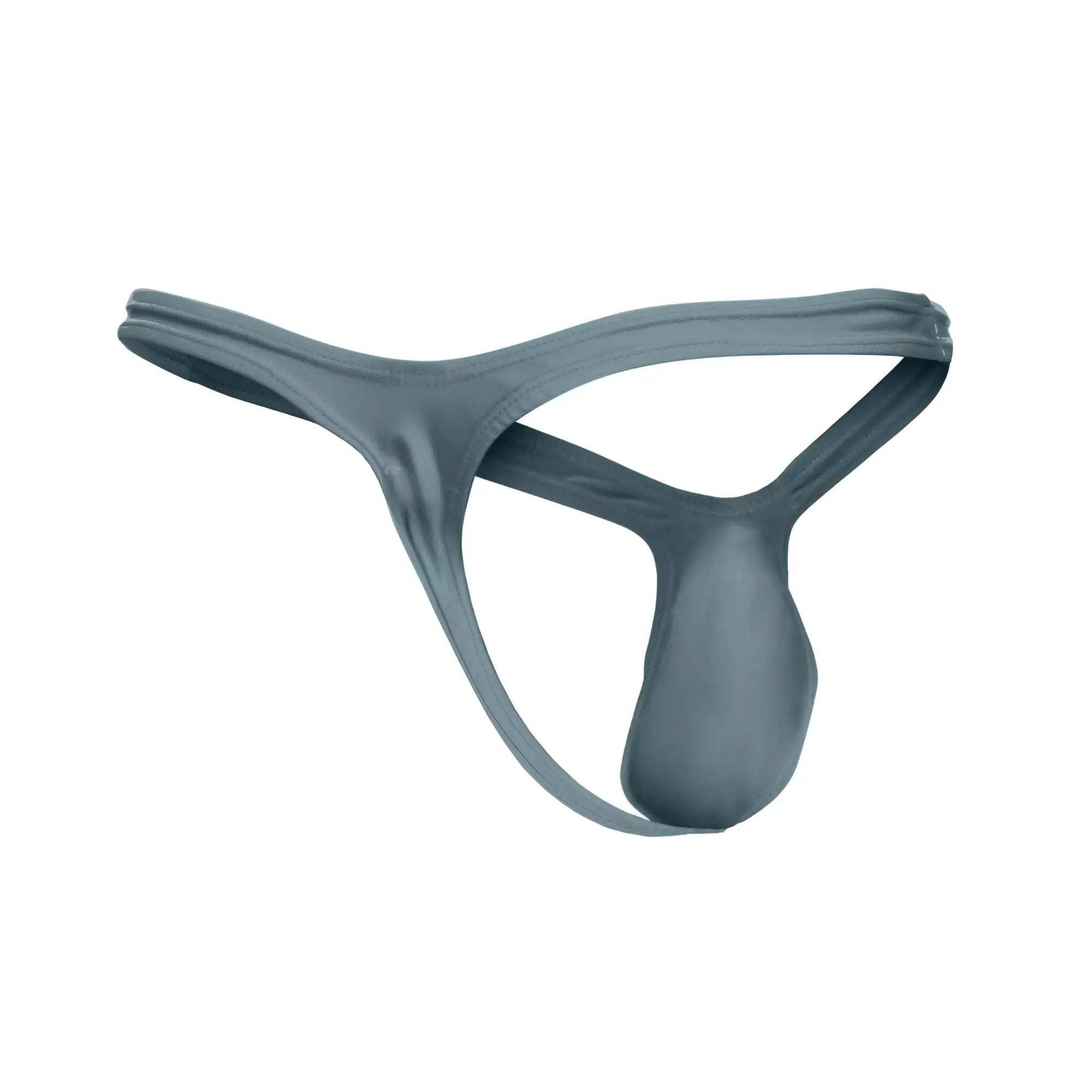A sleek dark gray JUSTIN SIMON XSJBU02 bulge thong made of smooth stretchy fabric with a minimalist design