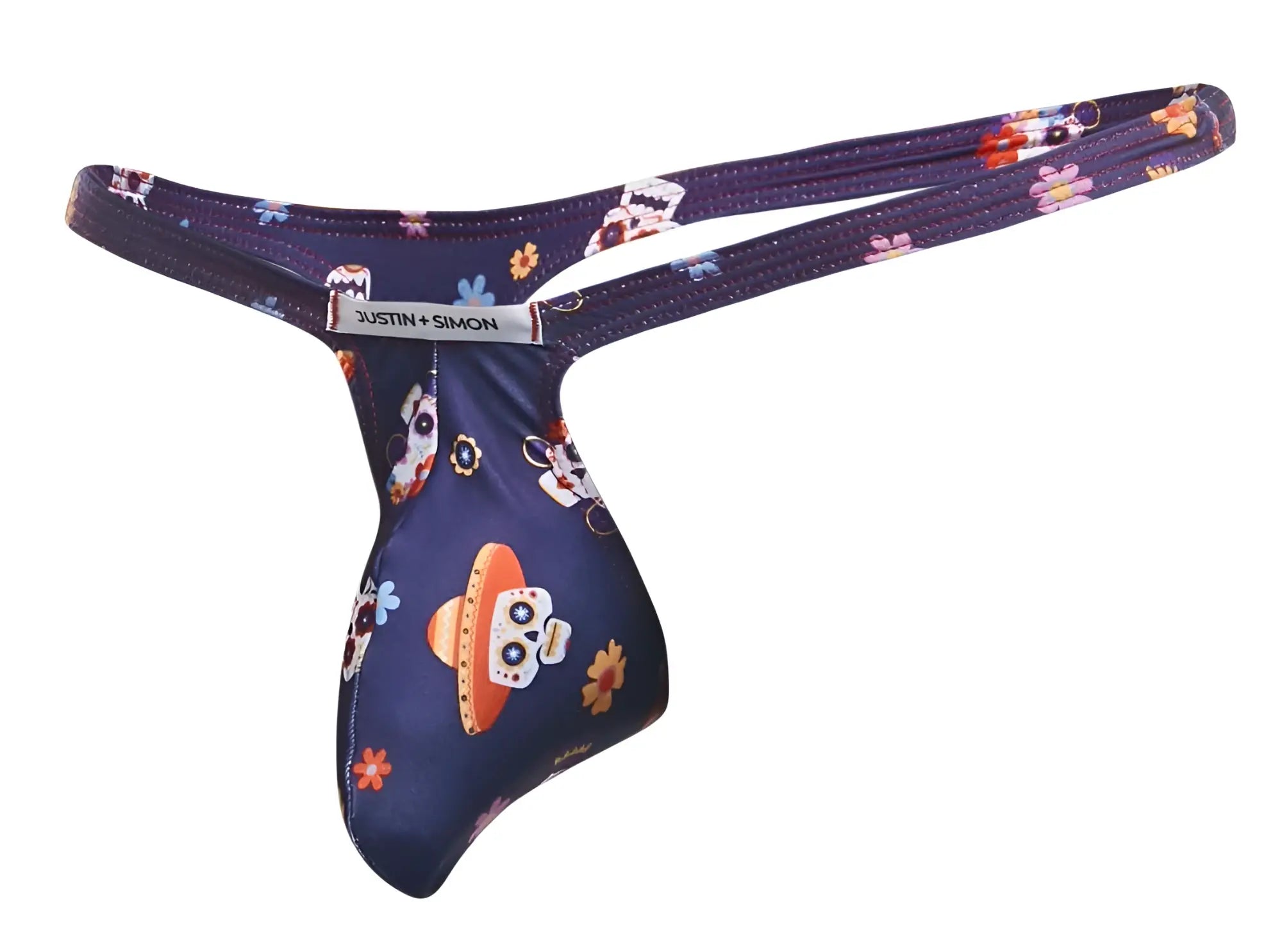 Dark blue justin simon men’s thong with vibrant day of the dead skull and sombrero pattern floral accents mexico