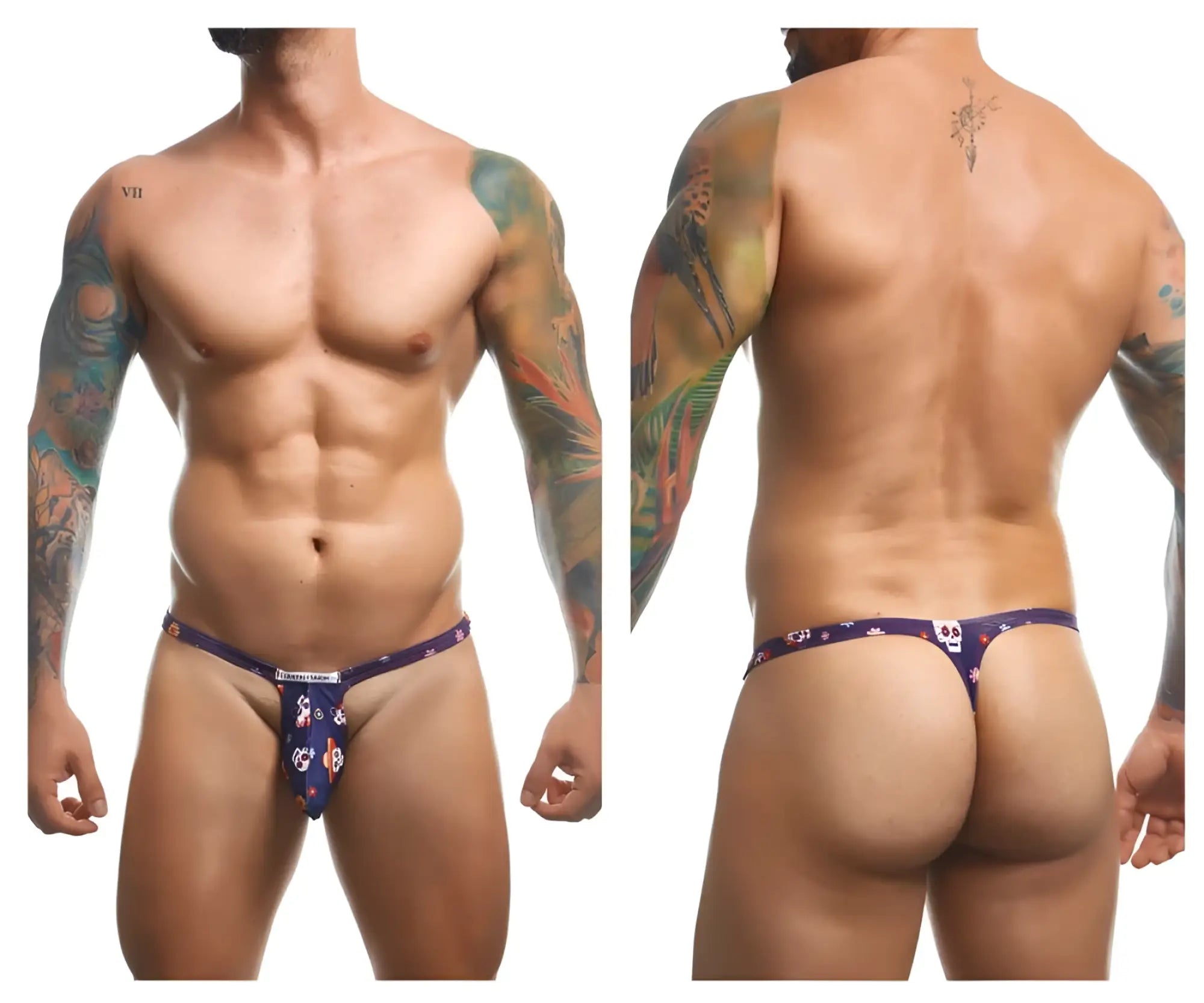 Purple patterned JUSTIN+SIMON XSJBU02 bulge thong with skull and floral design in Mexico color