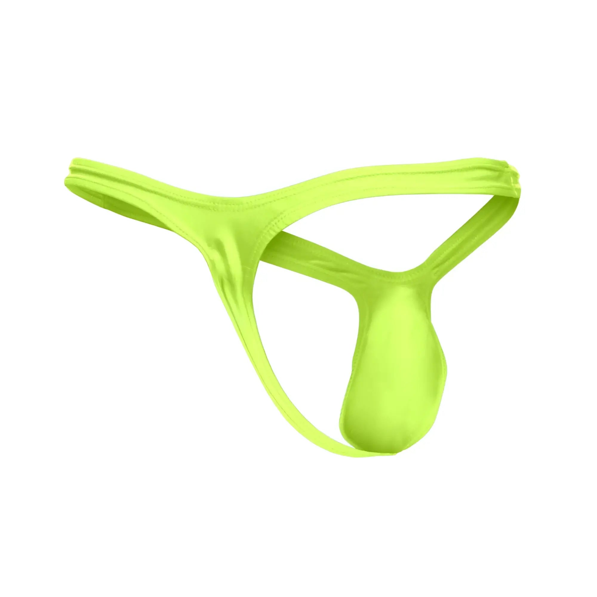 Bright neon green justin simon bulge thong made of smooth stretchy fabric with a sleek minimalist design