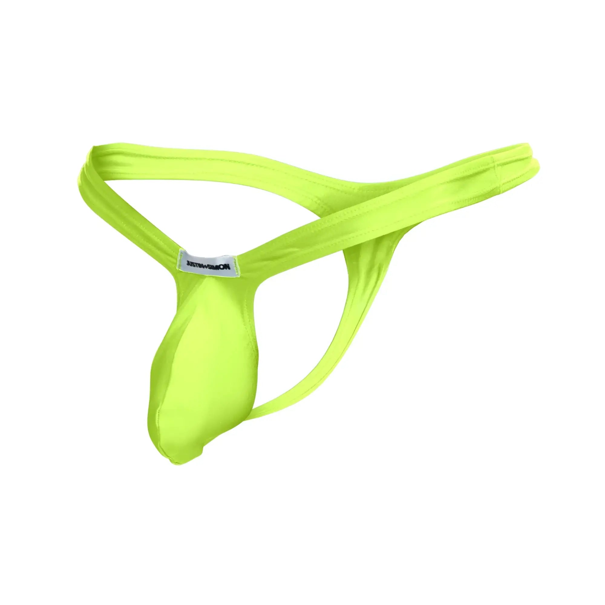 Bright neon green justin simon xsjbu02 bulge thong made of smooth stretchy fabric shown from the back with brand tag