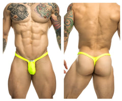 Bright neon yellow justin simon xsjbu02 bulge thong with small white brand tag at front for bold underwear style