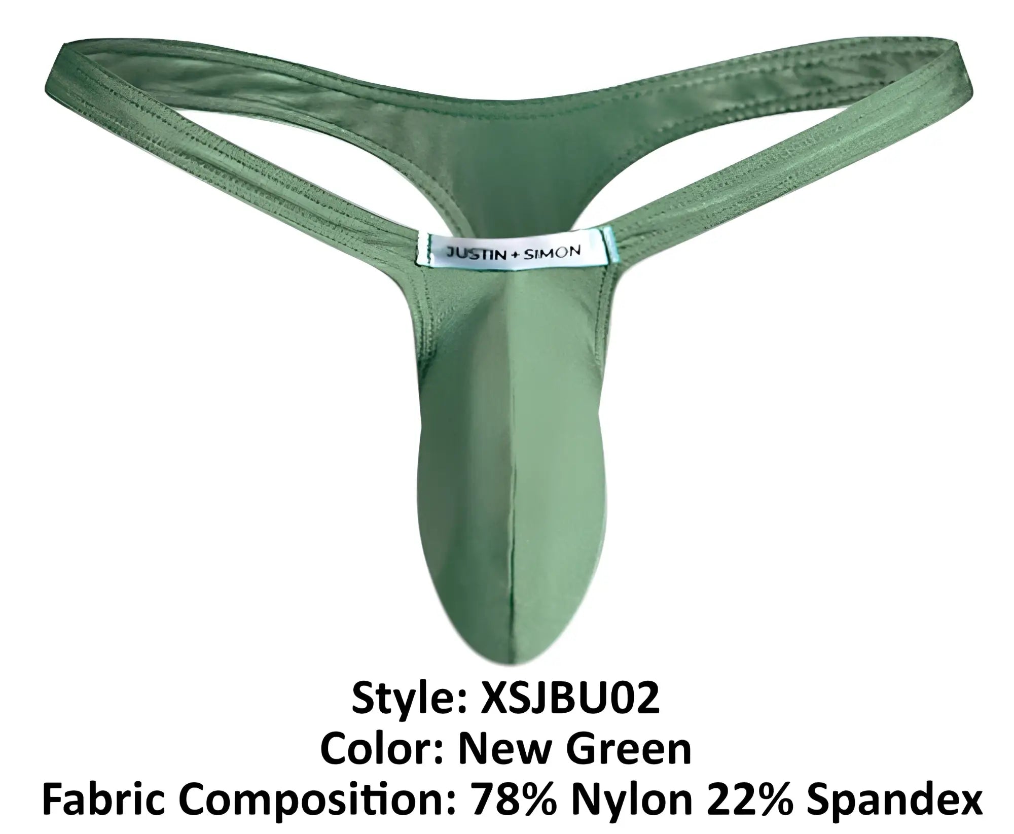 Justin simon men’s bulge thong in new green made from 78 nylon 22 spandex for a comfortable fit