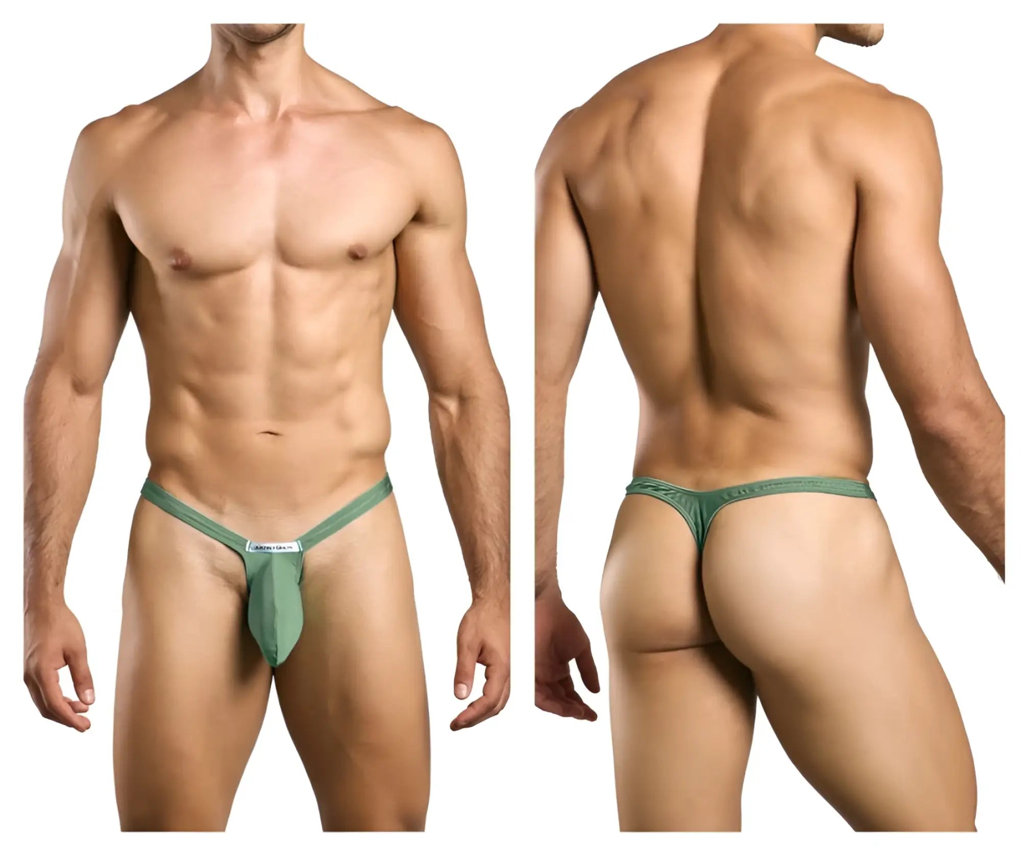 Green mesh JUSTIN+SIMON bulge thong with a small white label on the front band in new green color