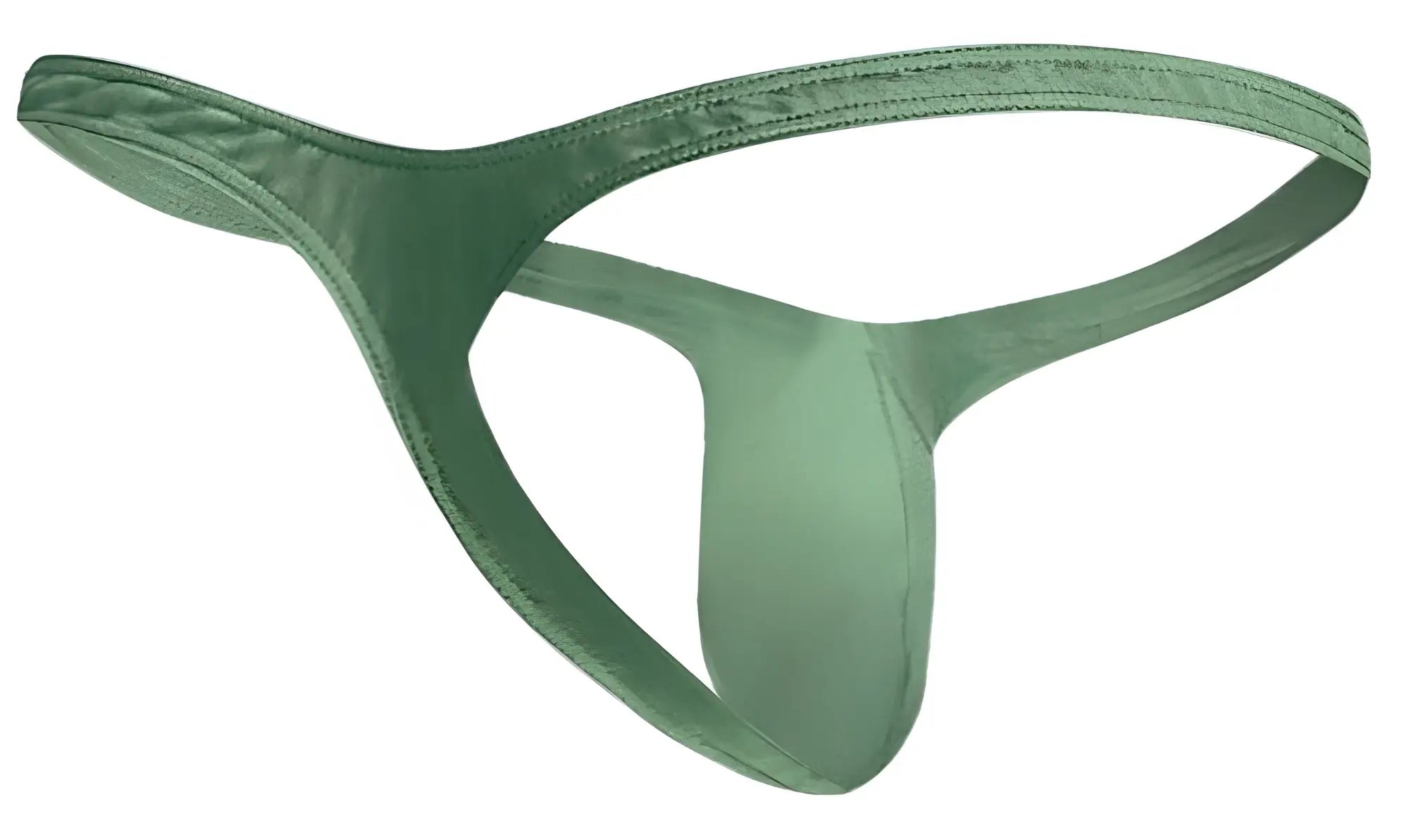 A sleek olive green satin thong with subtle sheen and reinforced stitching from justin simon bulge thongs collection