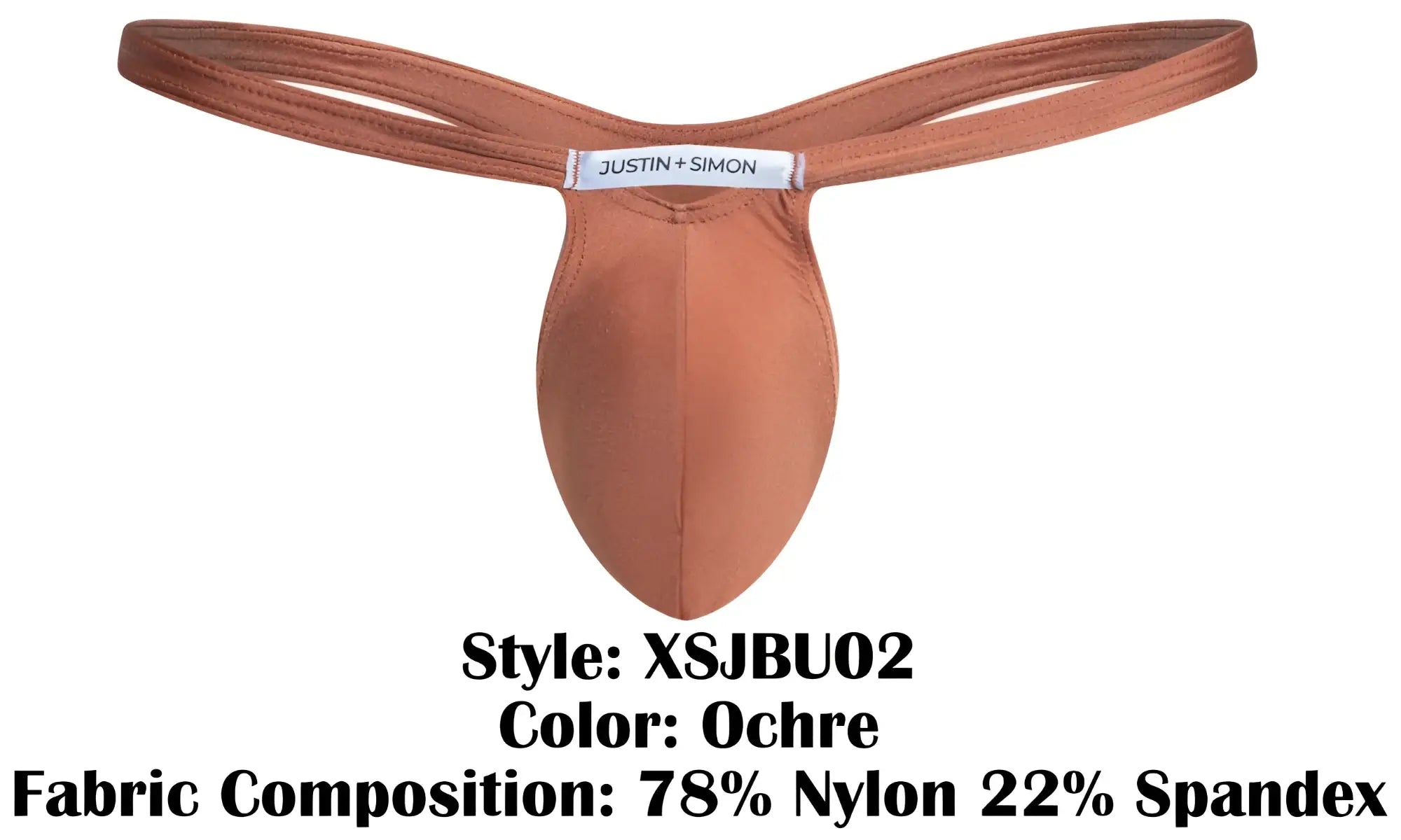 Ochre-colored justin simon bulge thong made of nylon and spandex blend shown from the back side