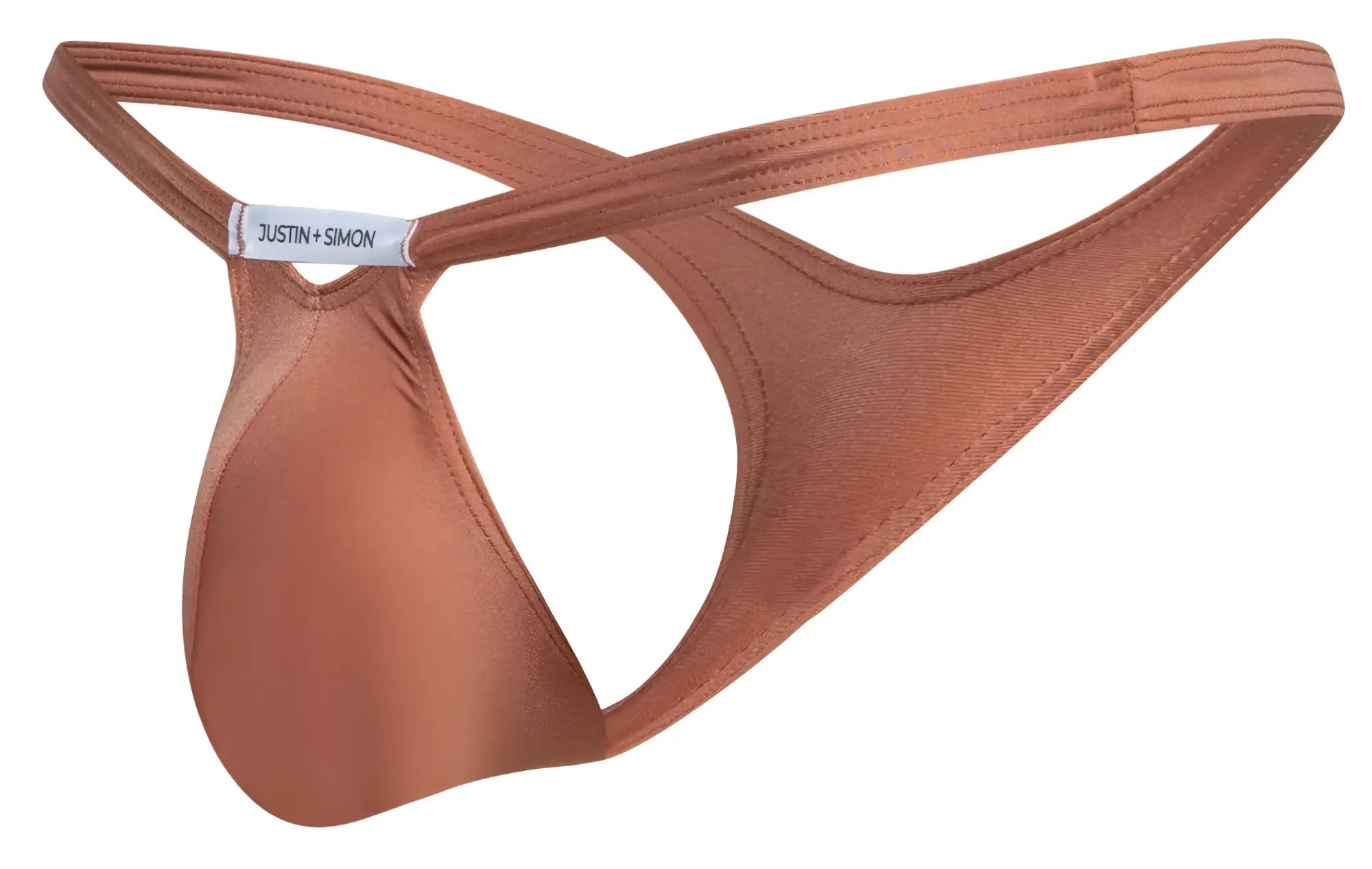 A sleek copper-toned justin simon XSJBU02 bulge thong in smooth satin with minimalist crossed back straps seen from the back