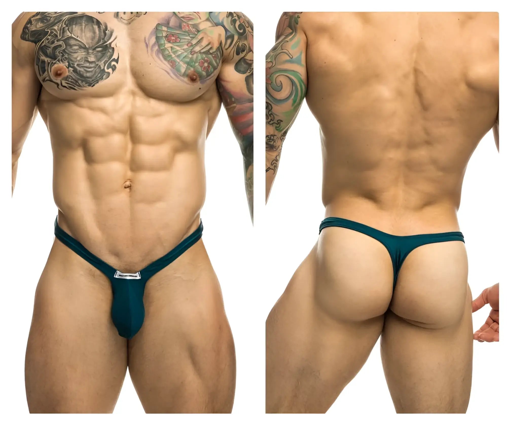 Justin Simon xsjbu02 bulge thong in opal green teal with small silver logo at the front for men