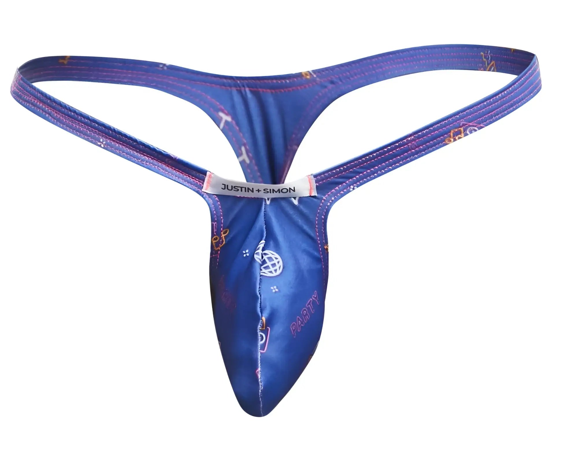 Blue justin + simon XSJBU02 bulge thong with shiny patterned fabric featuring white and pink graphics color party design