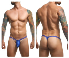 Blue shiny bulge thong with a small decorative emblem on the front from justin simon xsjbu02 party collection