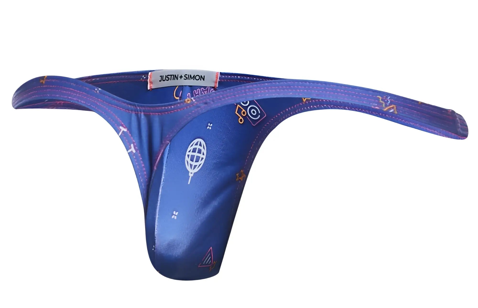 Blue justin+simon xsjbu02 bulge thong with shiny satin finish and playful white and orange globe speaker print