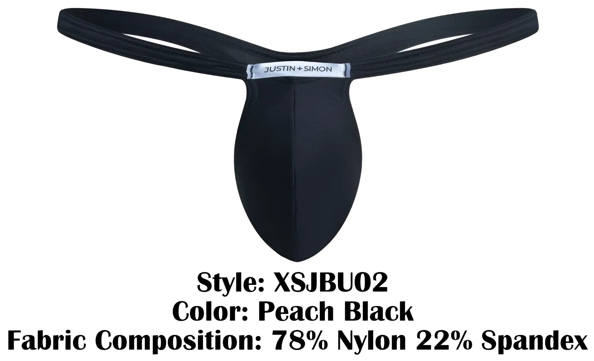 Black peach-colored thong by Justin+Simon with sleek form-fitting design and elastic waistband shown from back side