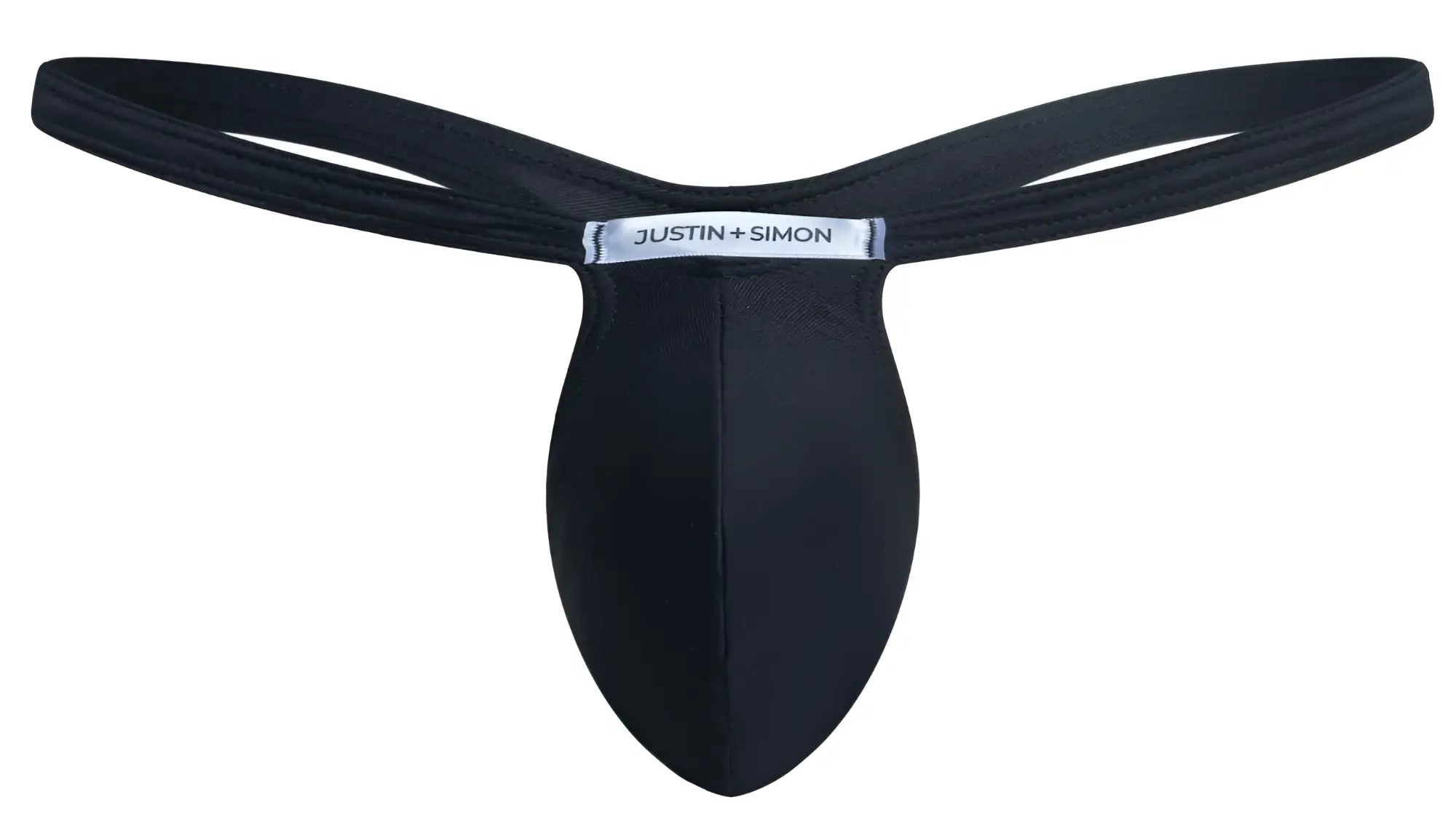 Black justin simon thong in peach and black with smooth stretchy fabric and sleek minimalist design front view