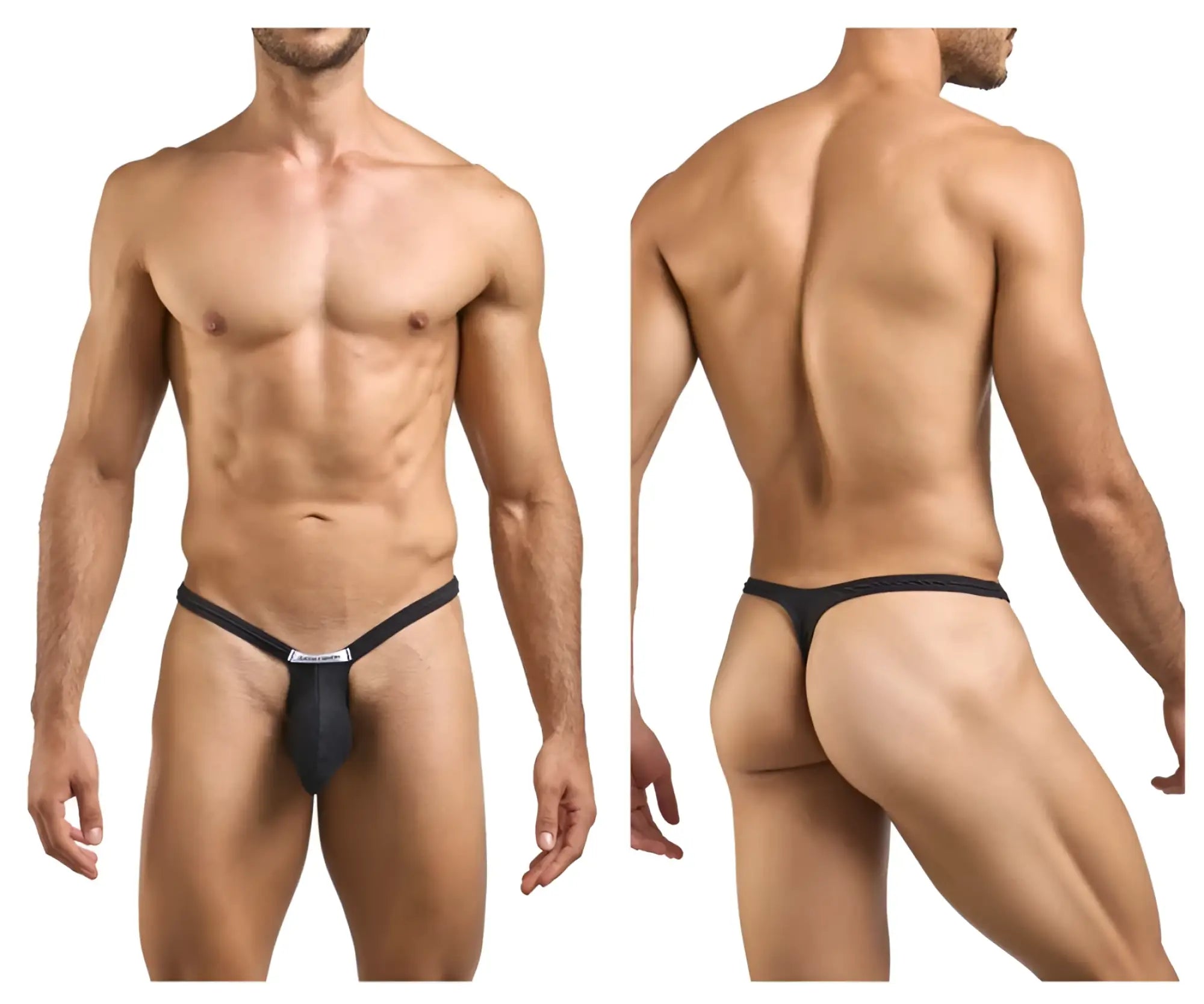 Black thong with narrow waistband and small rectangular logo from justin simon xsjbu02 bulge thongs collection