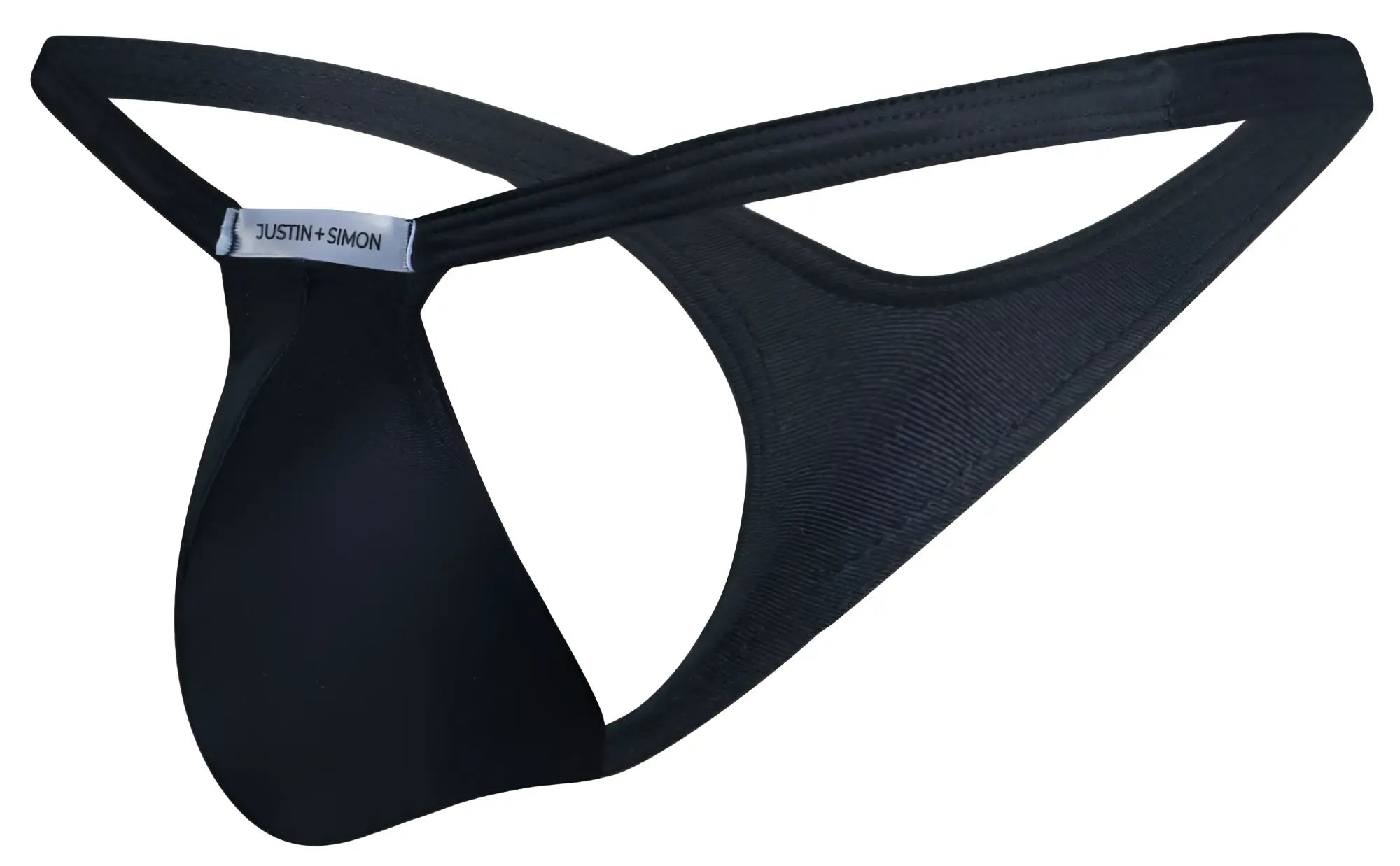 Black justin simon thong with sleek minimalist design and smooth fabric from the xsjbu02 bulge thong collection