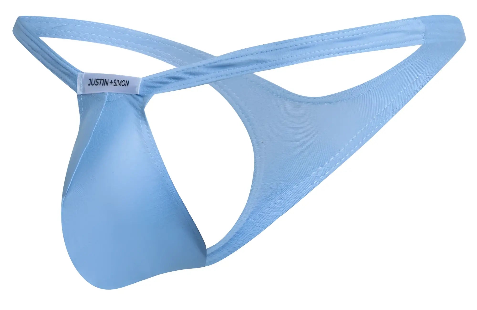 Light blue justin and simon men’s thong with smooth stretchy fabric and crossed back straps shown from the back side