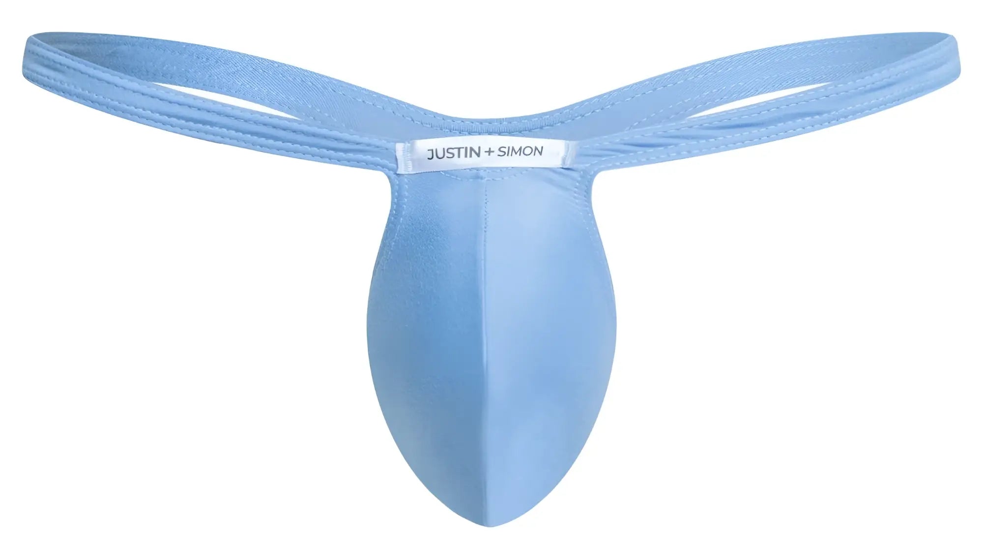 Light blue justin plus simon bulge thong with smooth stretchy fabric and central pouch design in peach blue color