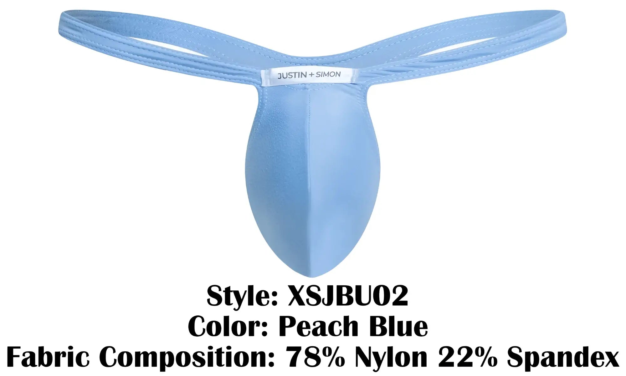 Justin+Simon xsjbu02 bulge thong in peach blue with sleek contoured design made from soft nylon spandex blend