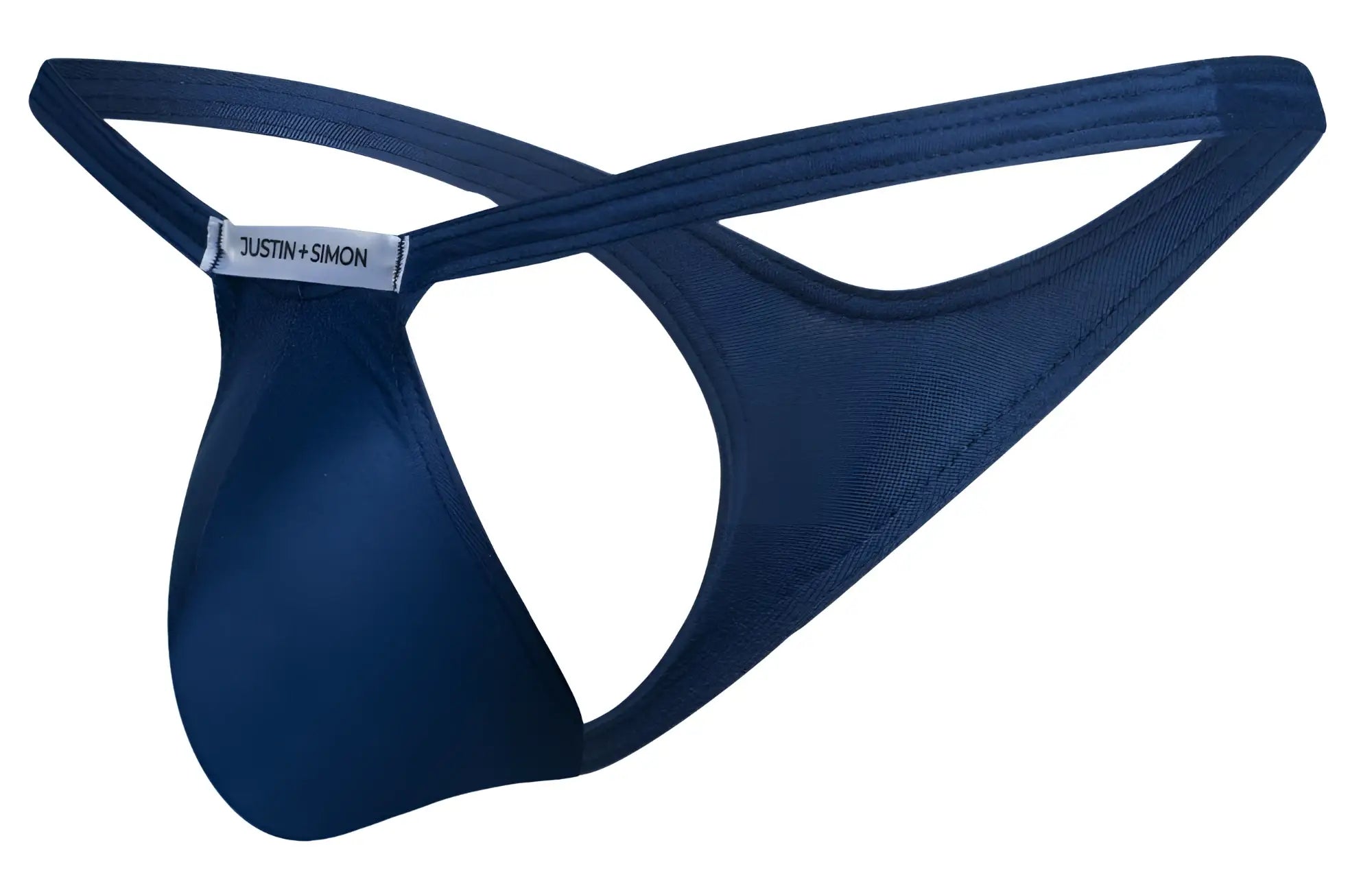 Navy blue justin simon thong with smooth stretchy fabric and crossed back straps shown from the back side