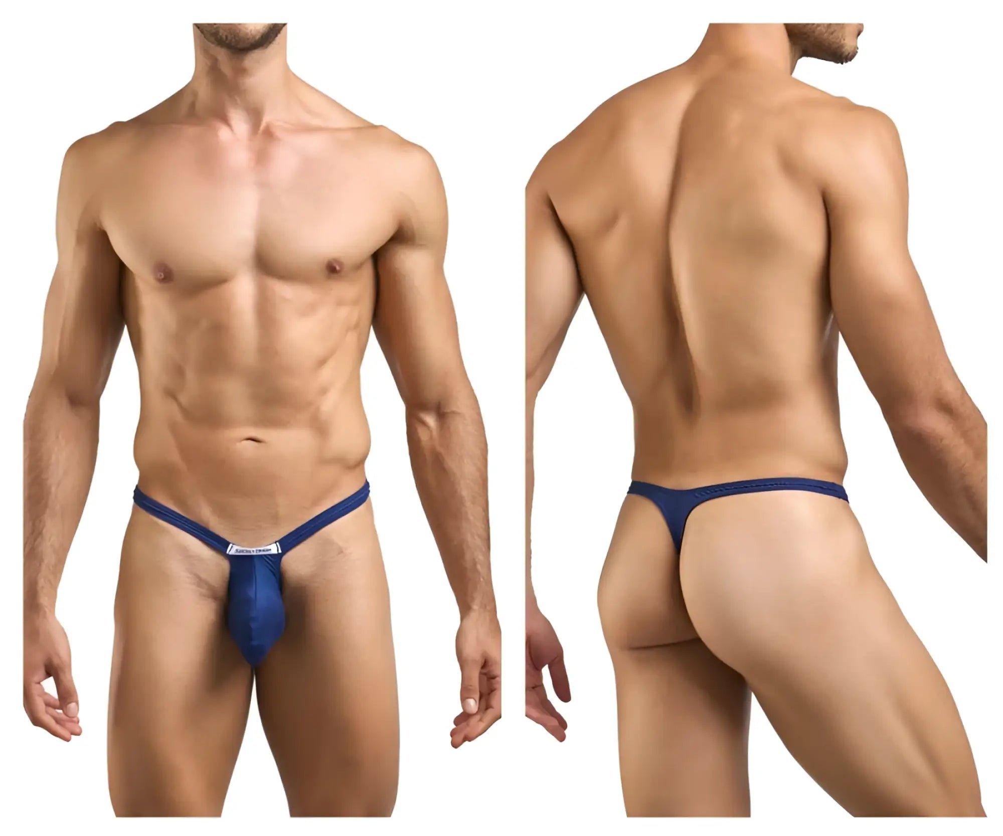 Blue thong with supportive contoured design and small white logo from justin simon xsjbu02 bulge thongs peach navy