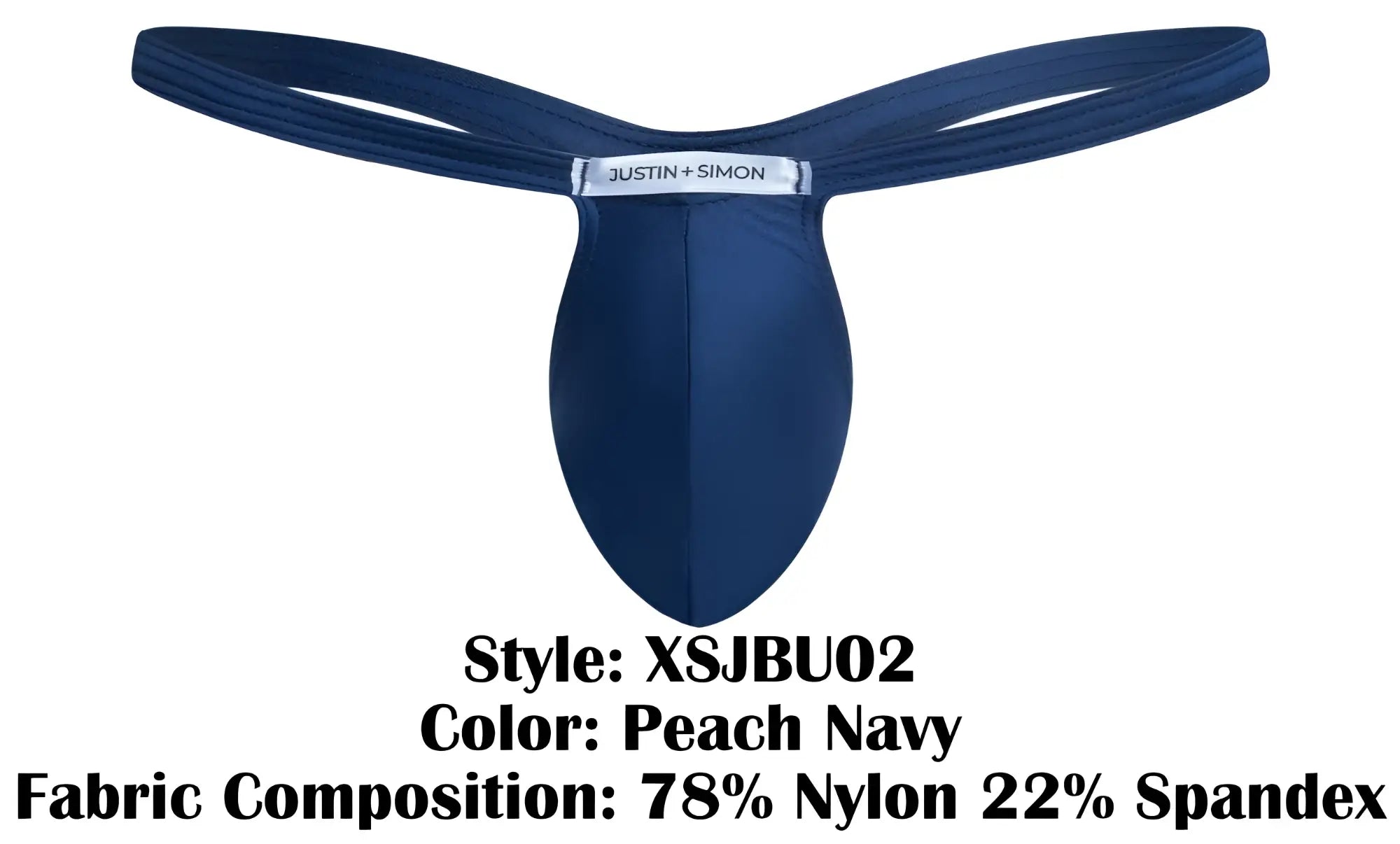 Peach navy justin simon bulge thong in sleek form-fitting design made of 78 nylon 22 spandex shown from the back