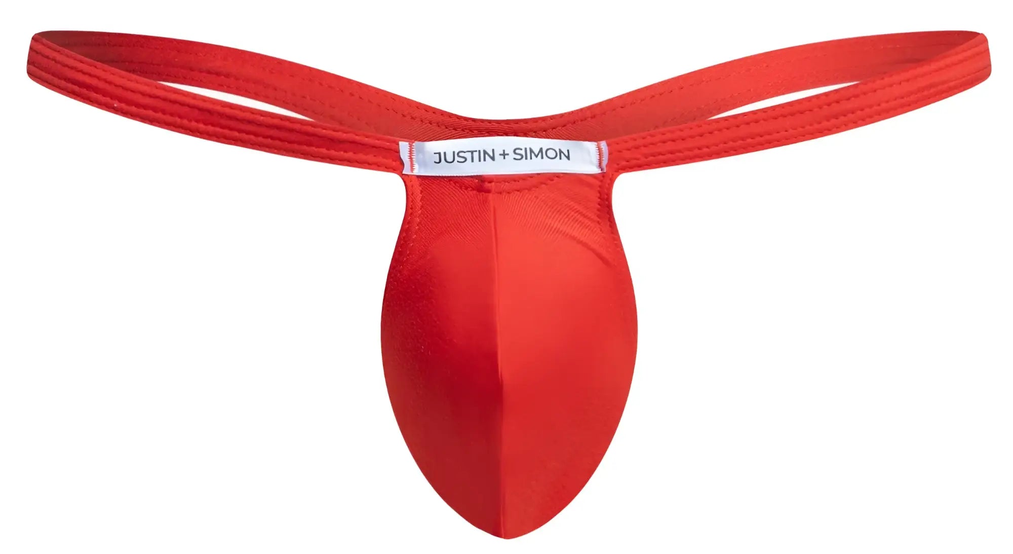 Red justin simon thong in peach red with smooth satin fabric and sleek contoured design showing front side view