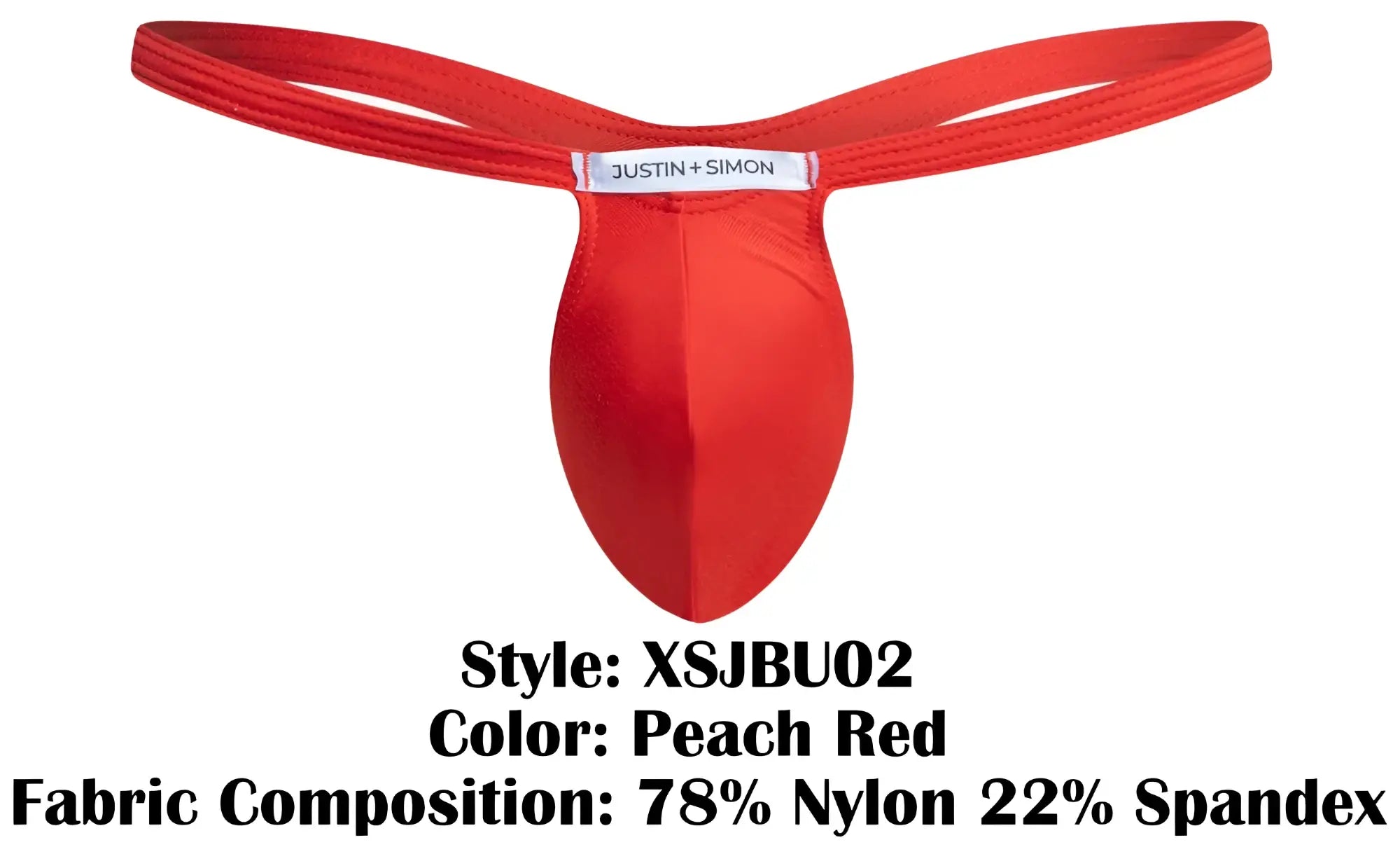 Peach red nylon and spandex bulge thong by justin simon shown from the back in model xsjbu02 design