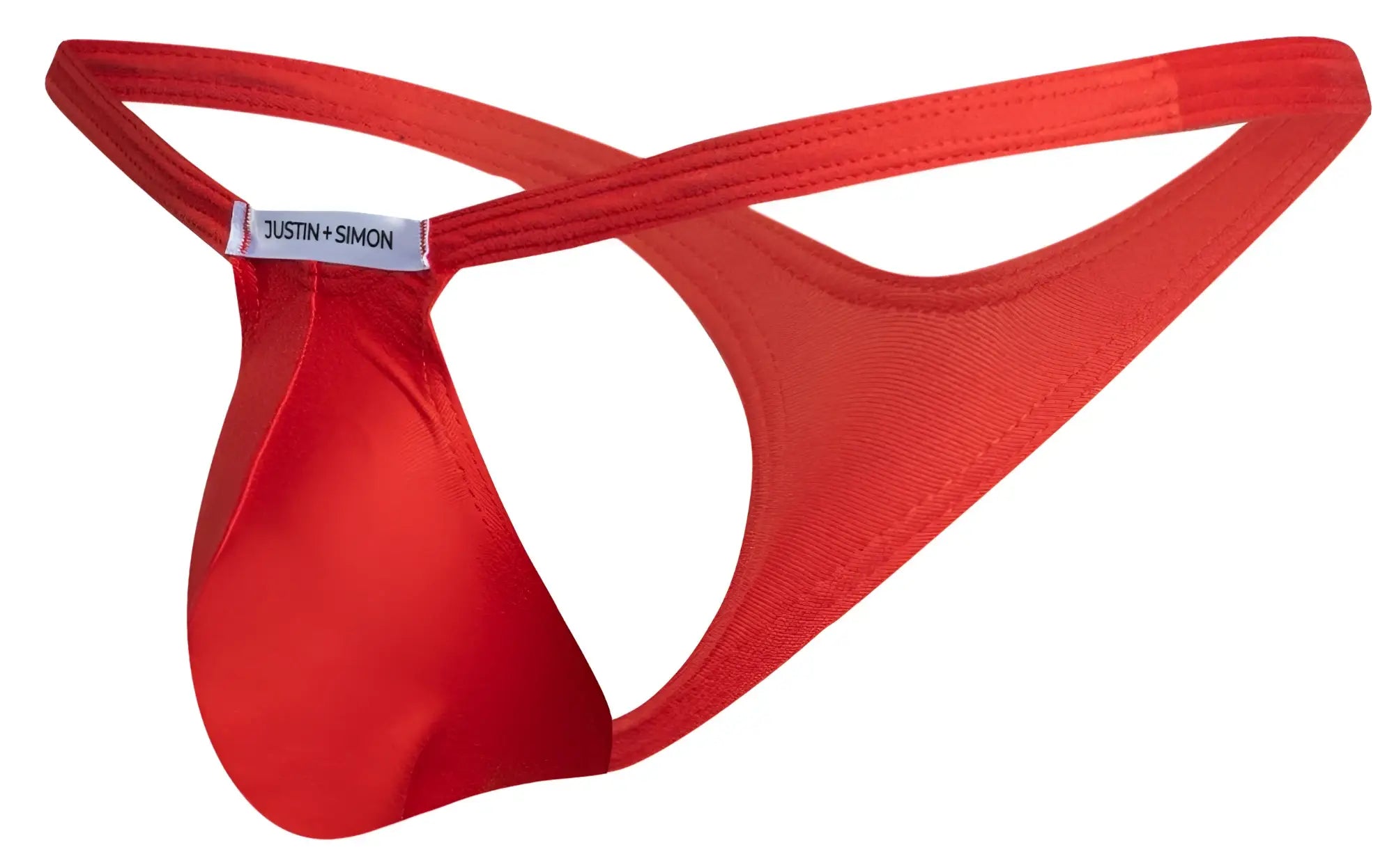 Red justin simon thong made of smooth satin fabric with minimalist design in peach red color shown from the back side