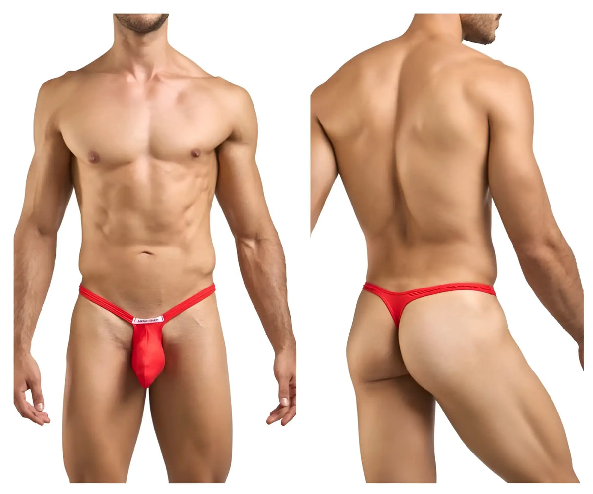 Justin simon xsjbu02 bulge thong in peach red with textured waistband and small white front label in form-fitting style